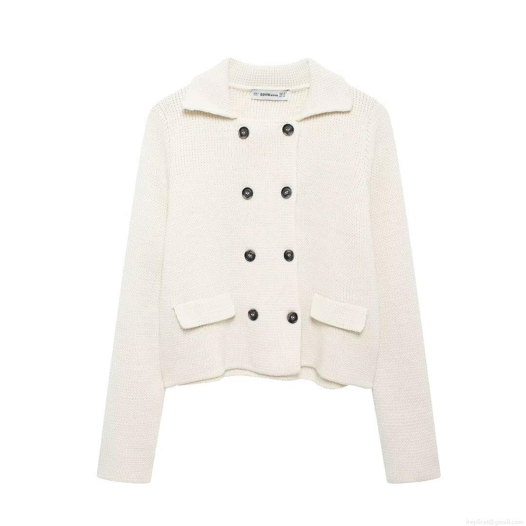 Women's Elegant Knitted Cardigan Double Breasted Lapel Collar Long Sleeve Solid Color Warm Sweater Jacket Coat For Women