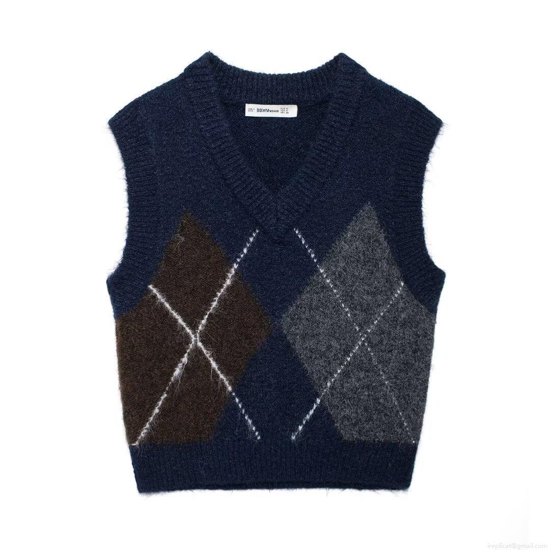 Women's Retro Argyle V-Neck Knitted Sweater Vest Casual Loose Sleeveless Preppy Style Layering Top For Daily Wear Soft Polyester Knitwear