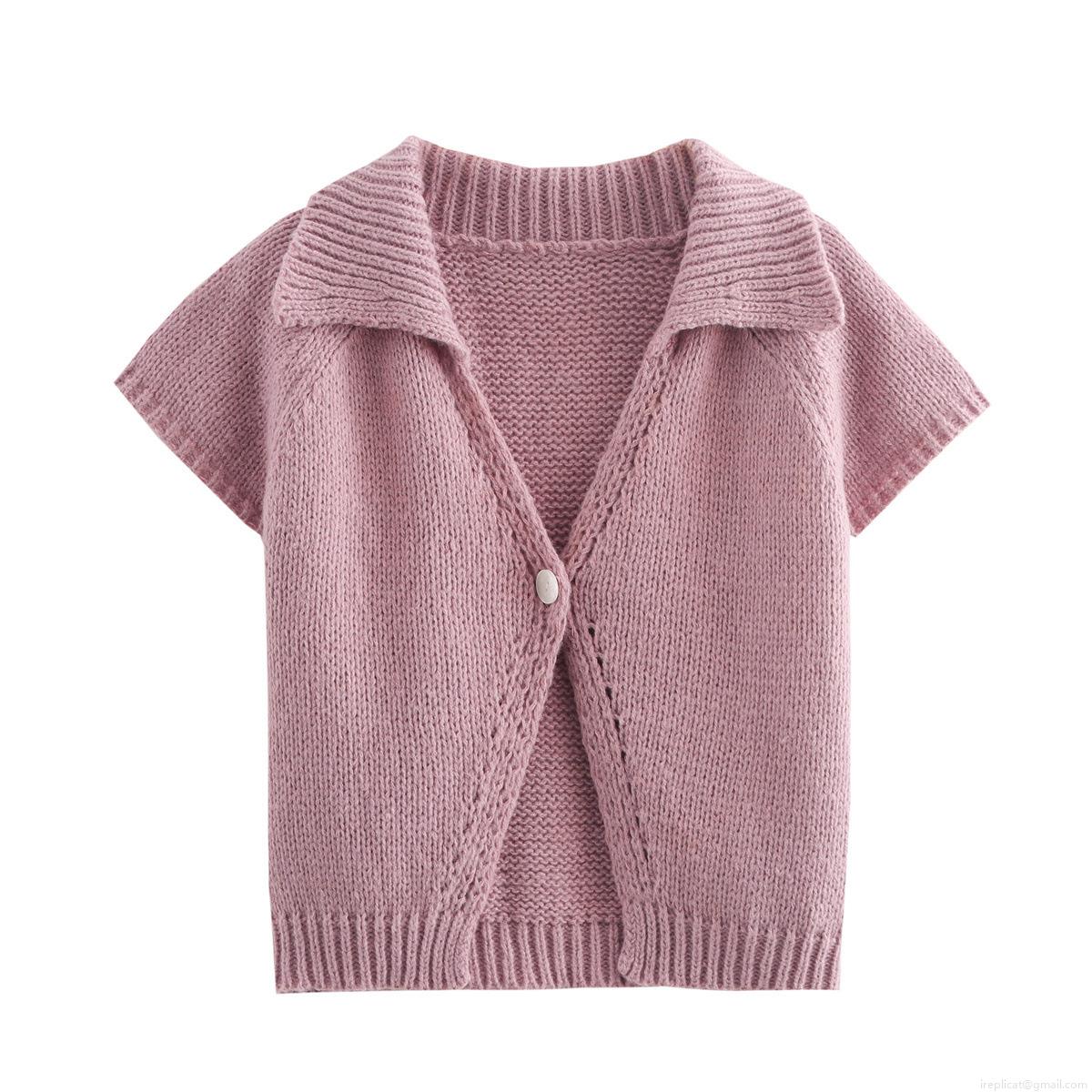 Women's Sweet Cute Knitted Short Sleeve Cardigan V-neck Lapel Single Button Solid Color Polyester Knit Sweater Top for Early Autumn Casual Daily Wearing