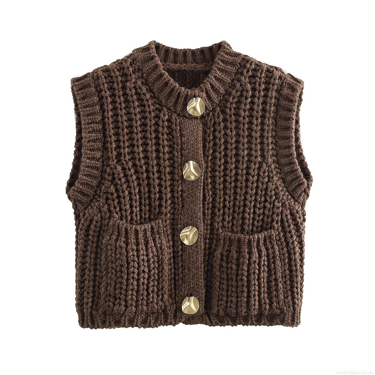 Women's Retro Western Coarse Knit Sweater Vest Round Neck Sleeveless Short Cardigan With Metal Buttons And Patch Pockets Loose Autumn Winter Knitwear Top