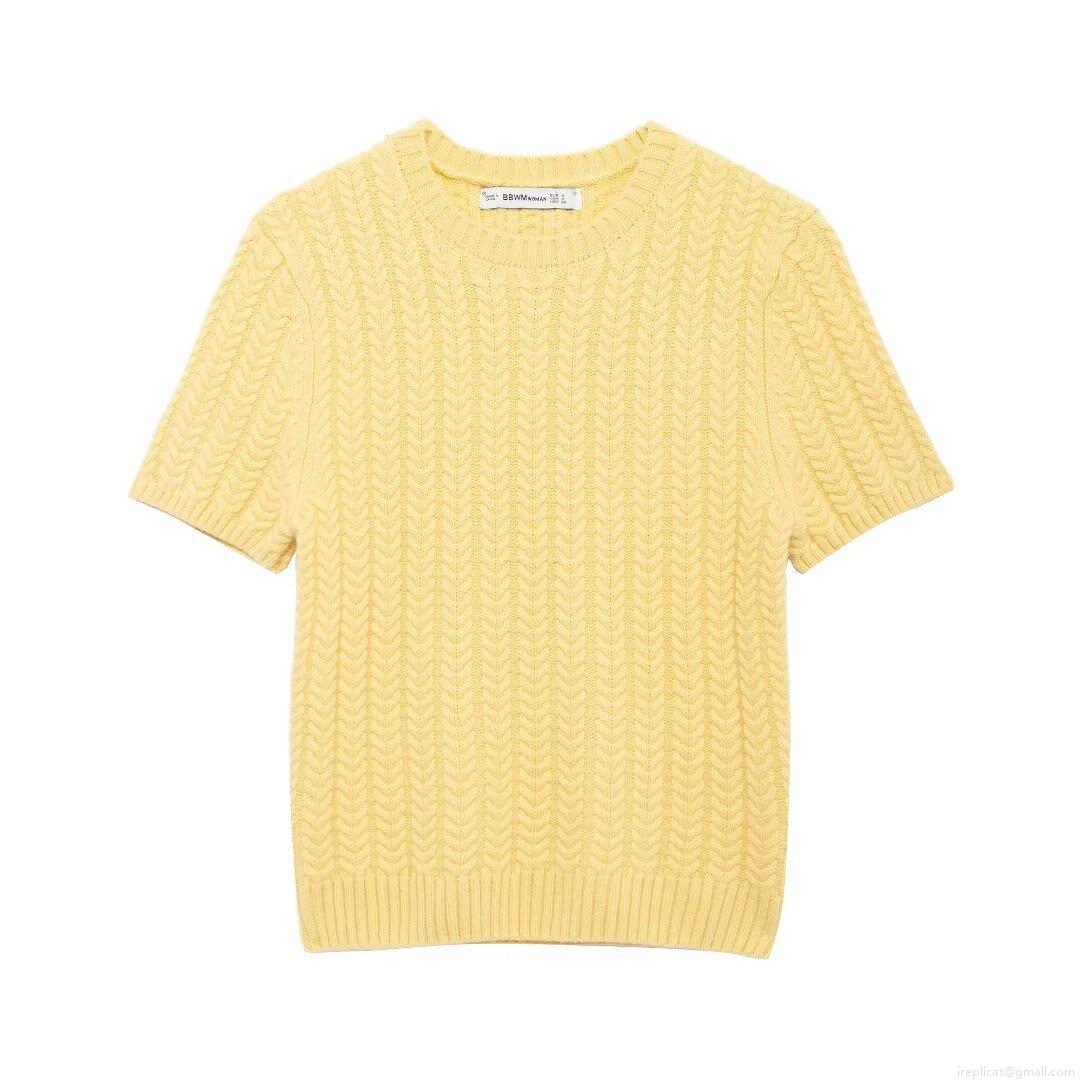 Women's Sweet Yellow Cable Knit Short Sleeve Sweater Round Neck Casual Polyester Pullover Knitted Top For Daily Wear