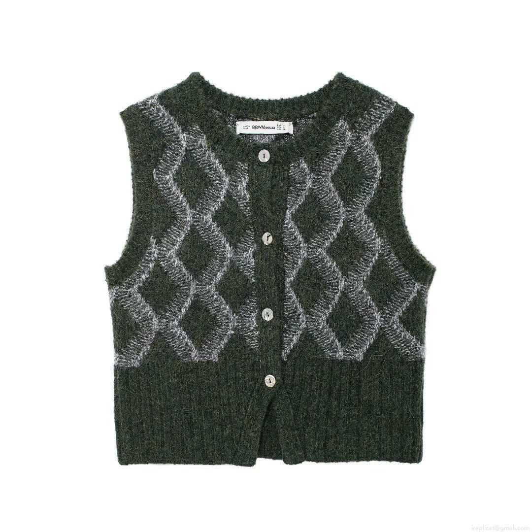 Women's Vintage Argyle Knitted Vest Round Neck Sleeveless Sweater Cardigan British Style Loose Plaid Waistcoat For Fall Winter