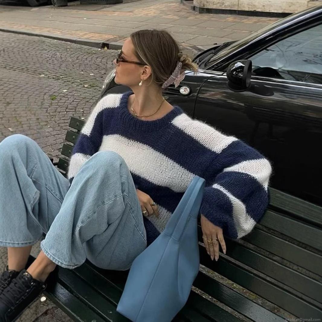 Women's Striped Knit Sweater Loose Round Neck Long Sleeve Pullover Soft Lazy Style Jumper For Autumn Winter Casual Streetwear Top