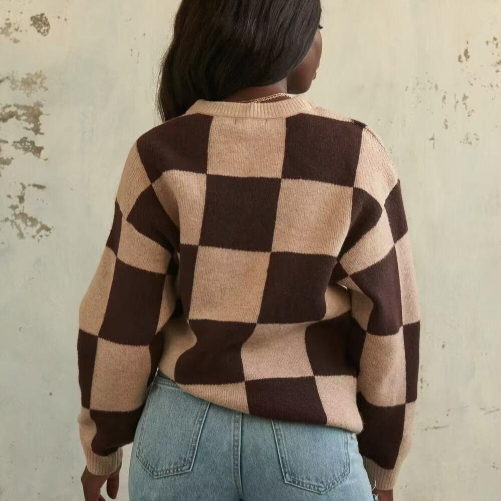 Women's Checkerboard Knitted Sweater Loose Round Neck Long Sleeve Pullover Tops Casual Lazy Style Polyester Knitwear for Fall Winter