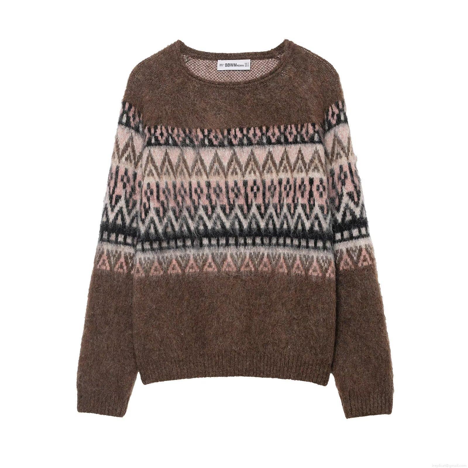 Women's Vintage Round Neck Geometric Jacquard Knitted Sweater Fair Isle Loose Fit Long Sleeve Soft Polyester Knit Pullover Top Autumn Casual Wear