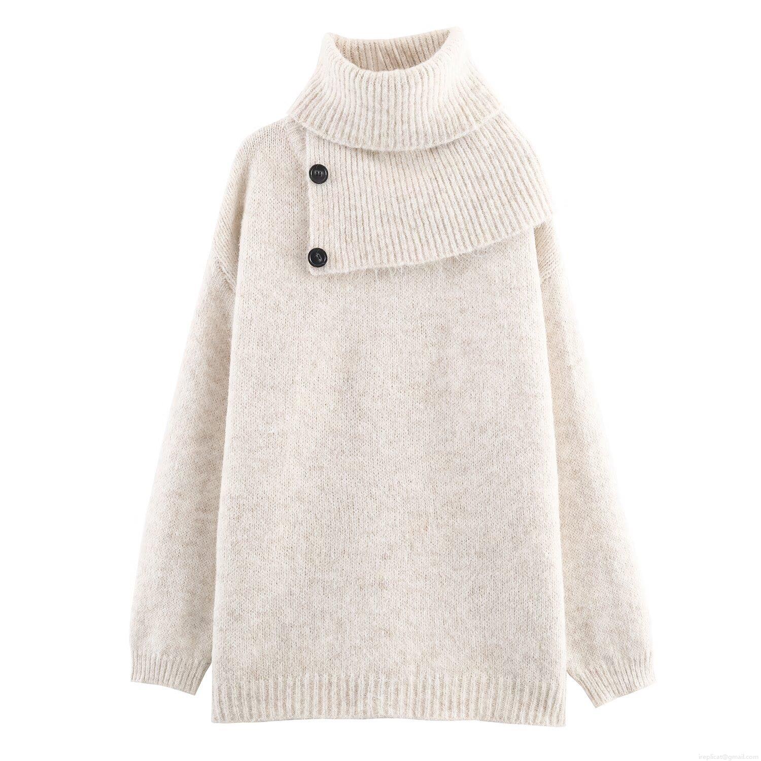 Women's Cowl Neck Knit Sweater Loose Fit Casual Solid Color Pullover Top With Decorative Buttons Soft Blended Yarn Long Sleeve Jumper For Autumn Winter