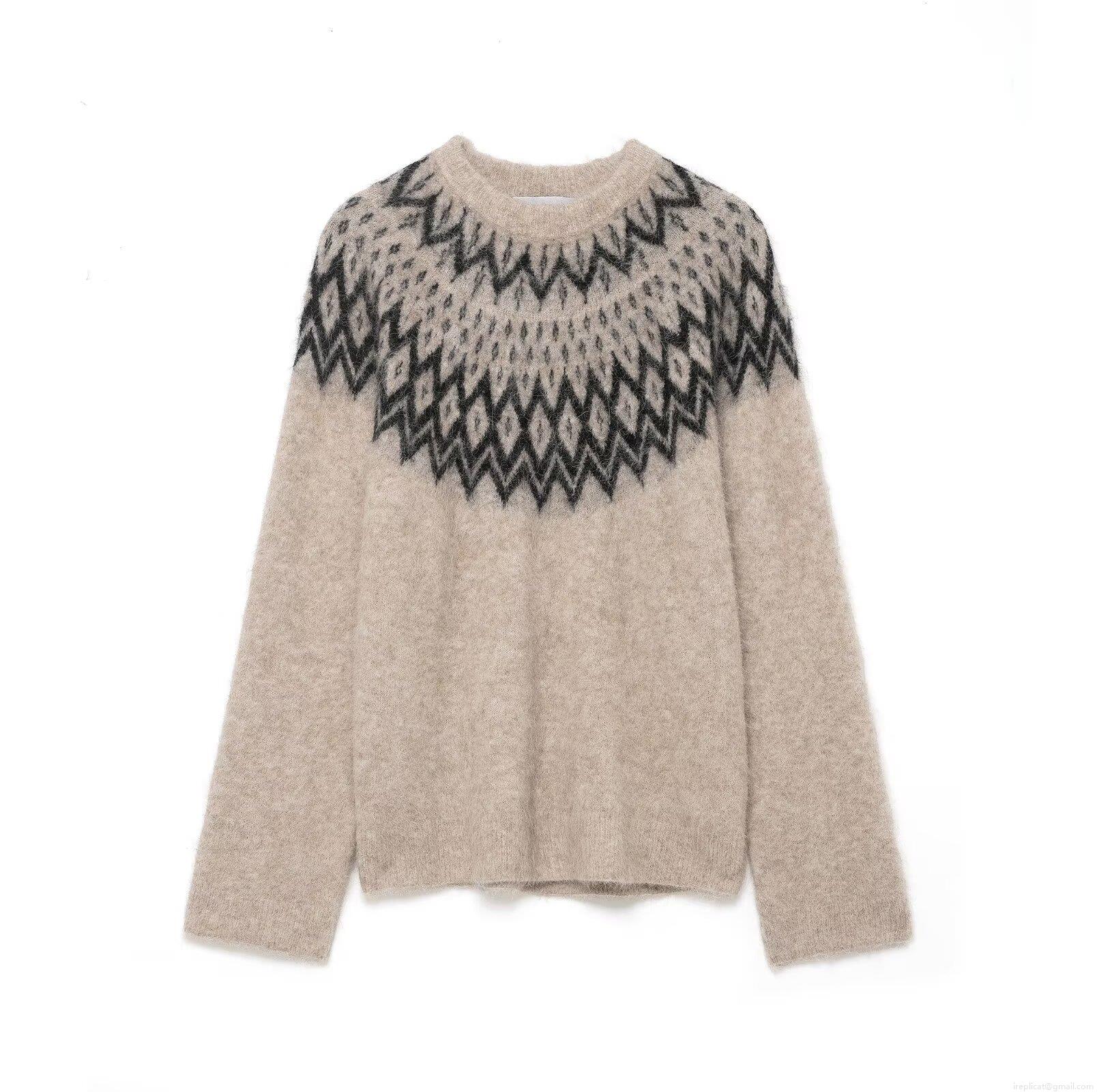 Women's Vintage Fair Isle Sweater 100% Polyester Plush Knit Long Sleeve Warm Crew Neck Pullover for Autumn Winter Casual Daily Wear European Streetwear Style