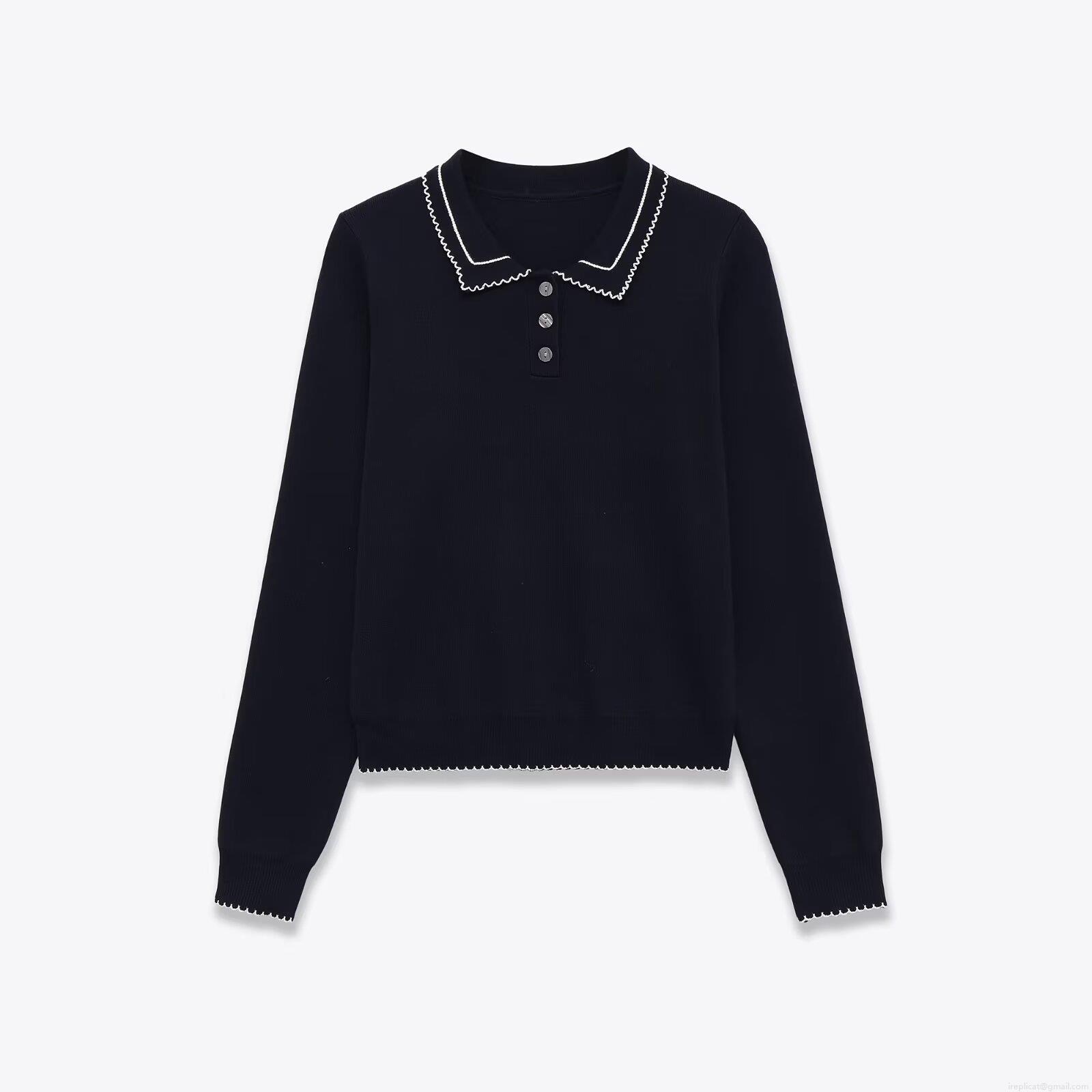 Women's Long Sleeve Knitted Sweater Polo Collar Scalloped Trim Navy Blue Knit Pullover Casual Autumn Winter Jumper Streetwear Top With Buttons