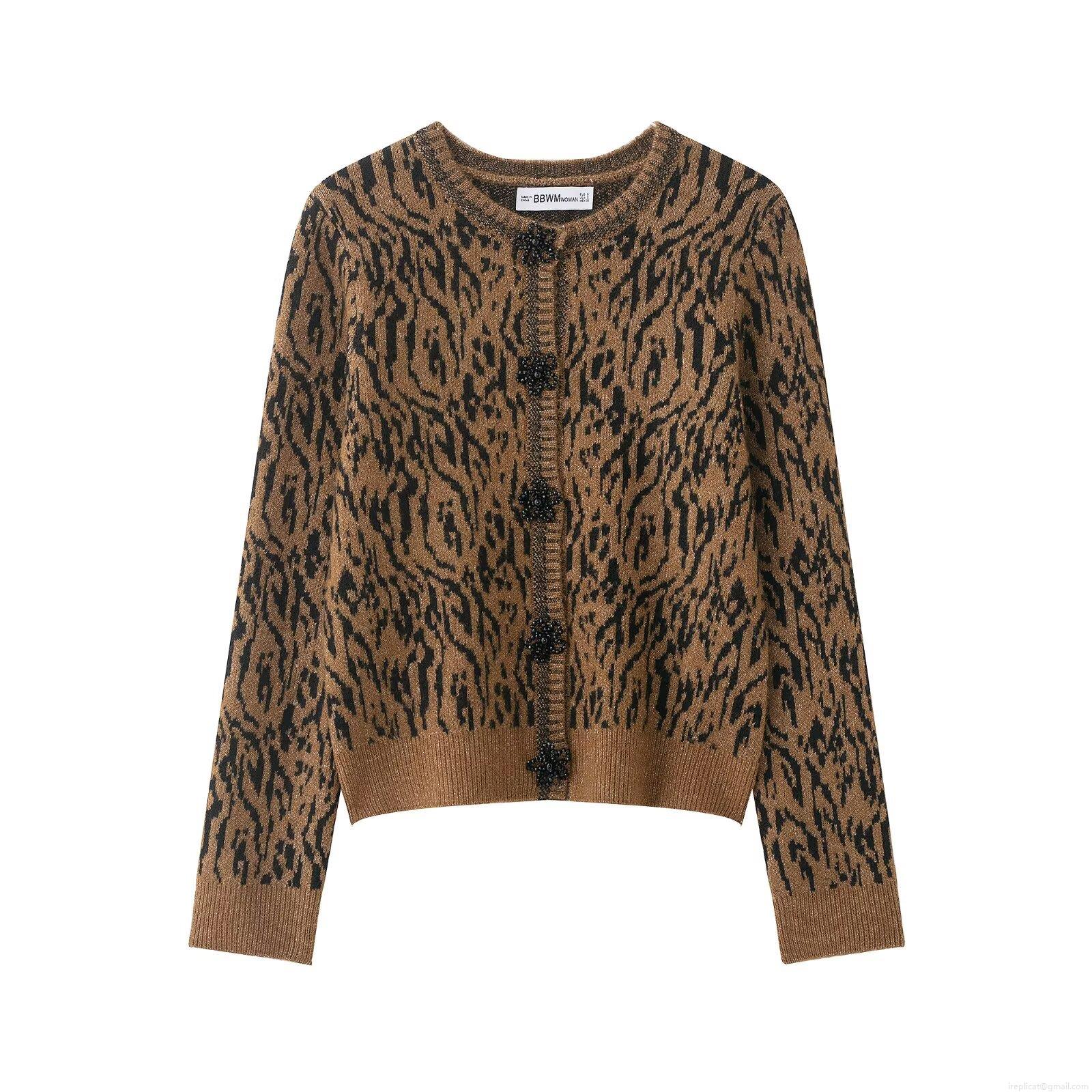 Women Leopard Print Knitted Cardigan Sweater Round Neck Long Sleeve Single Breasted Beaded Flower Button Tops Autumn Winter Casual Street Style Knitwear