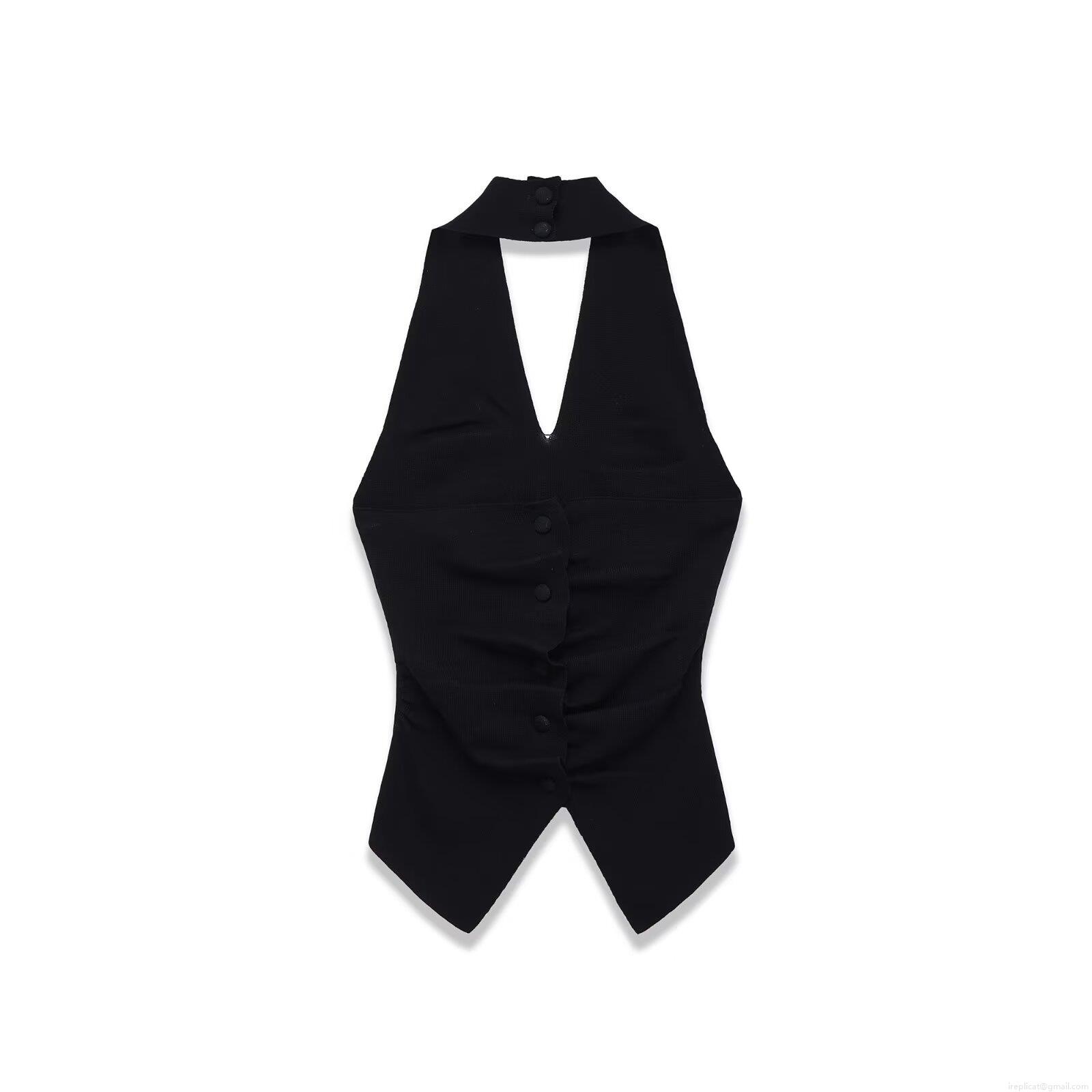 Women Halter Neck Sleeveless Tank Top Sexy Criss Cross Single Breasted Ribbed Knit Slim Fit V-Neck Ruched Vest Top For Streetwear Summer Party