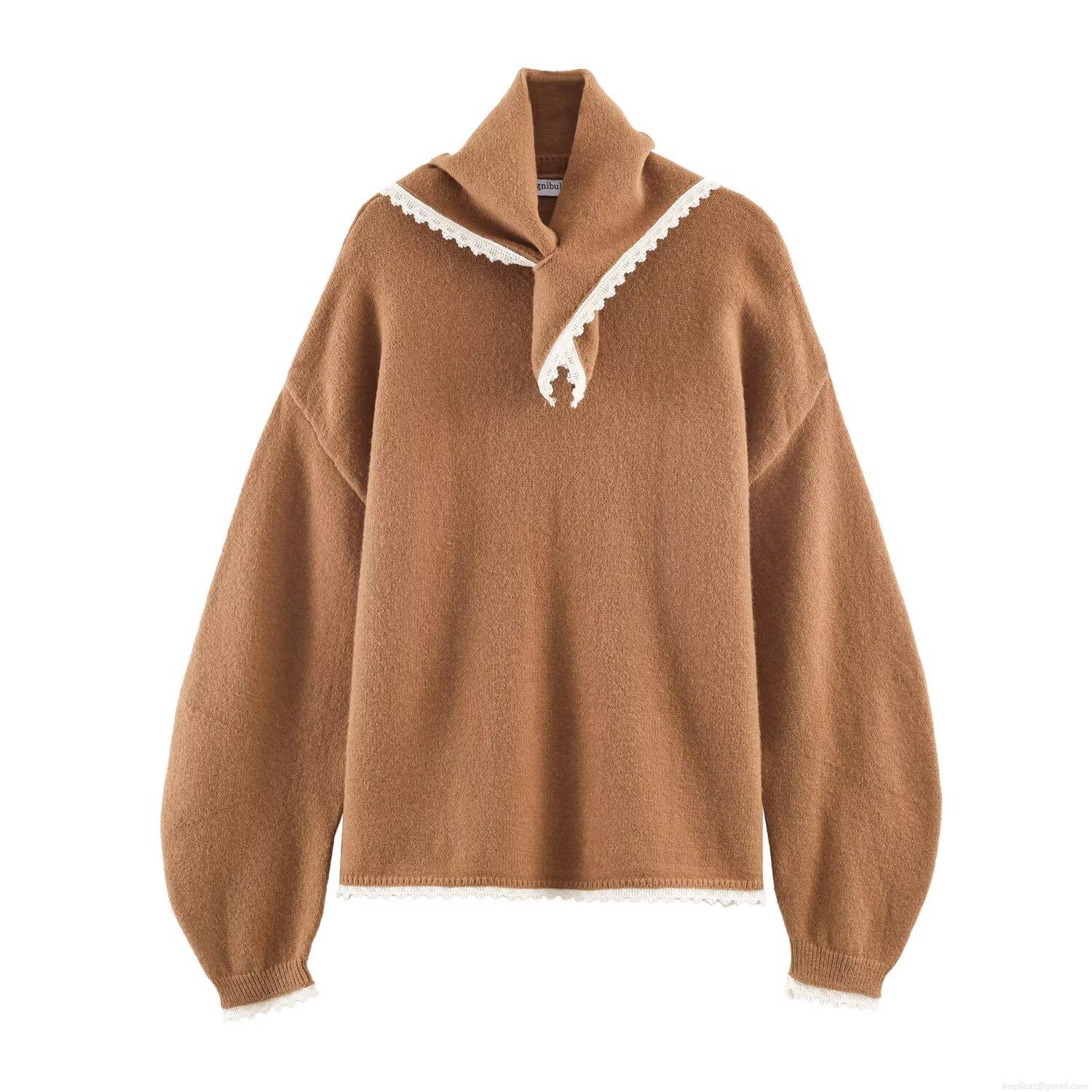 Women's Long Sleeve Knit Sweater With Scarf Collar Lace Patchwork Knitwear Elegant Pullover Streetwear Autumn Winter Warm Camel Jumper Casual Tops