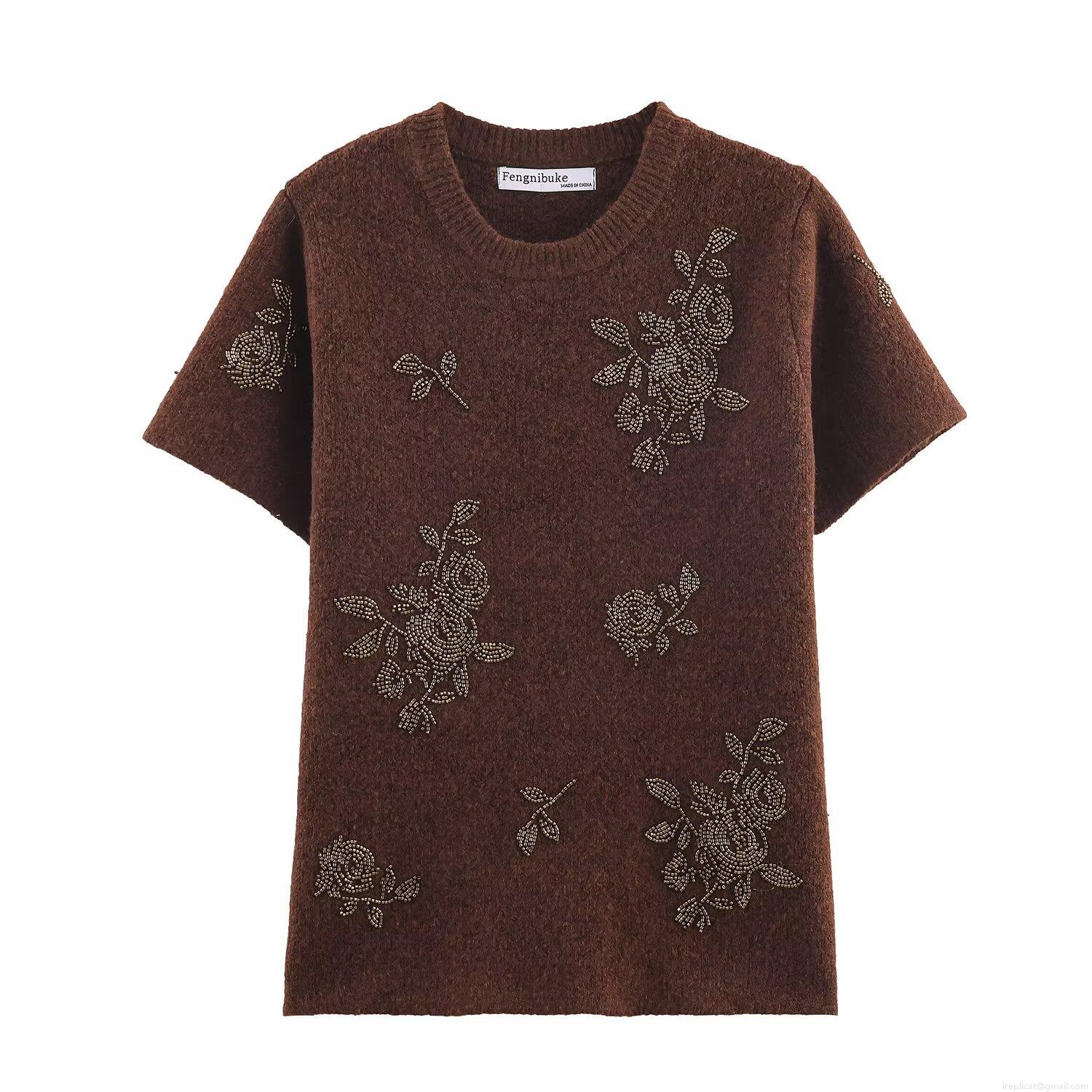 Women's Vintage Dark Brown Round Neck Short Sleeve Knit Sweater Beaded Flower Embroidery Acrylic Polyester Blend Elegant Streetwear Top For Women