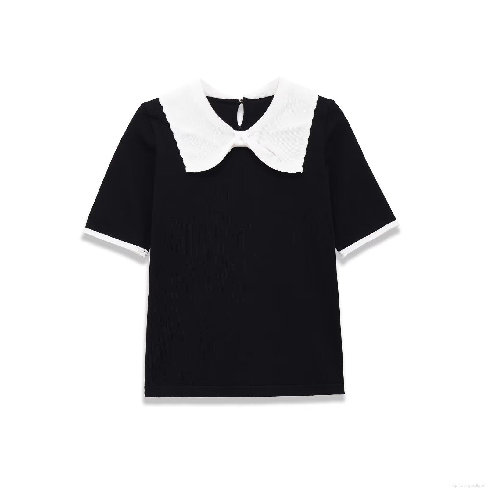 Women's Sweet Vintage Black T-Shirt Contrast White Peter Pan Collar Bowknot Decoration Short Sleeve Knit Tops Casual Streetwear T-Shirt For Women
