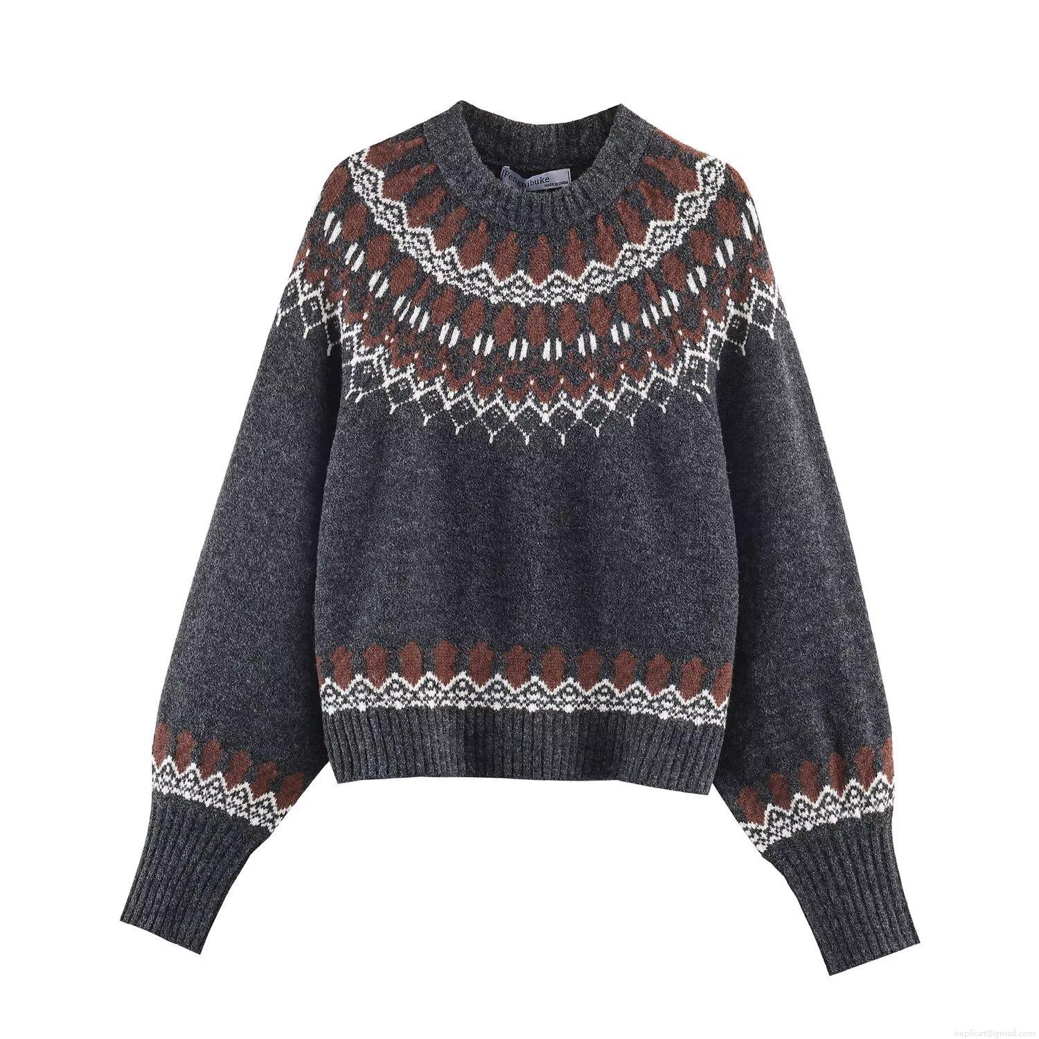 Women's Retro Fair Isle Geometric Knit Sweater Polyester Acrylic Blend Long Sleeve Crew Neck Pullover Tops For Autumn Winter Casual Streetwear