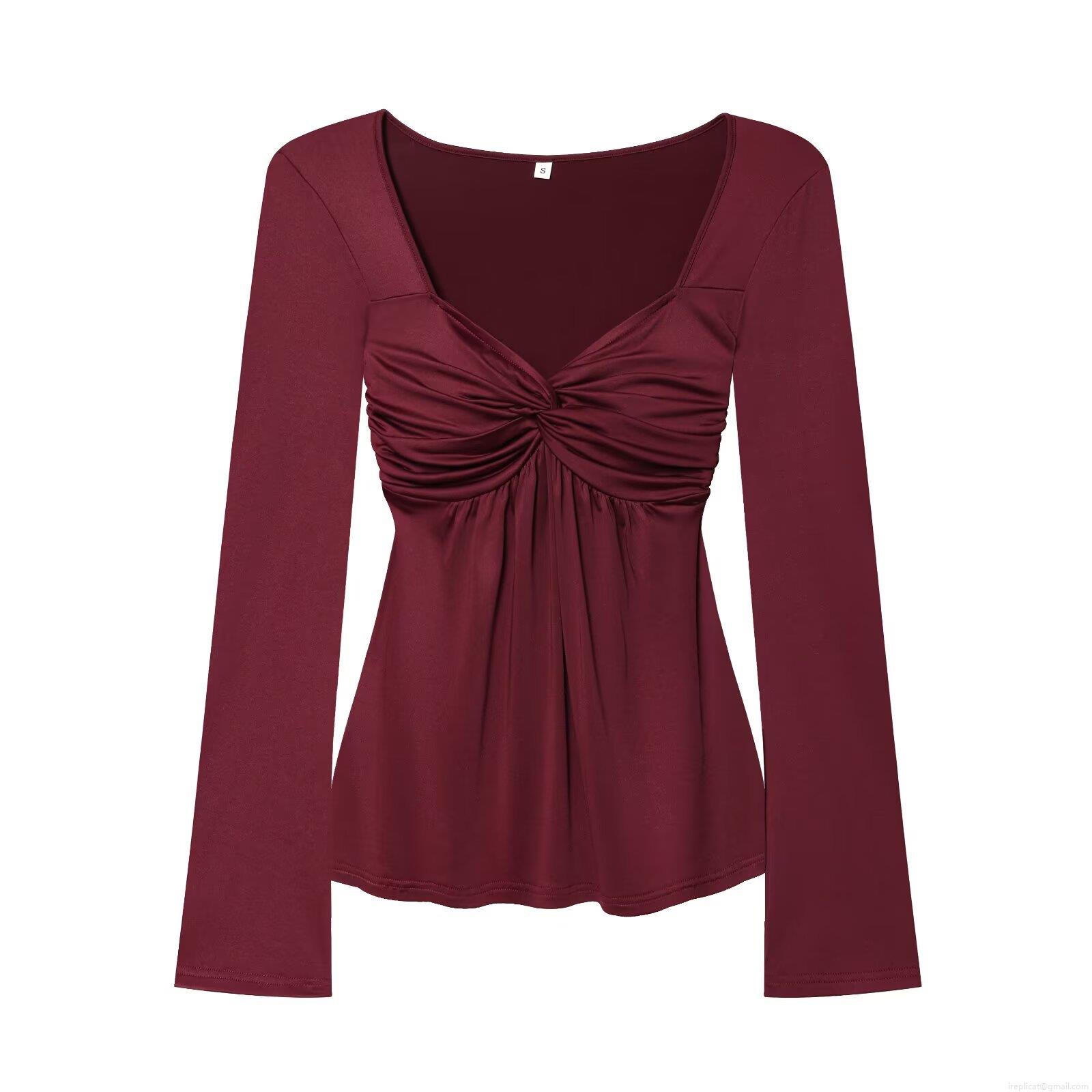 Women's T-Shirt Long Sleeve Round Neck Ruched Knot Front Solid Color Soft Polyester Blend Top Streetwear Casual Autumn Slim Fit Tee