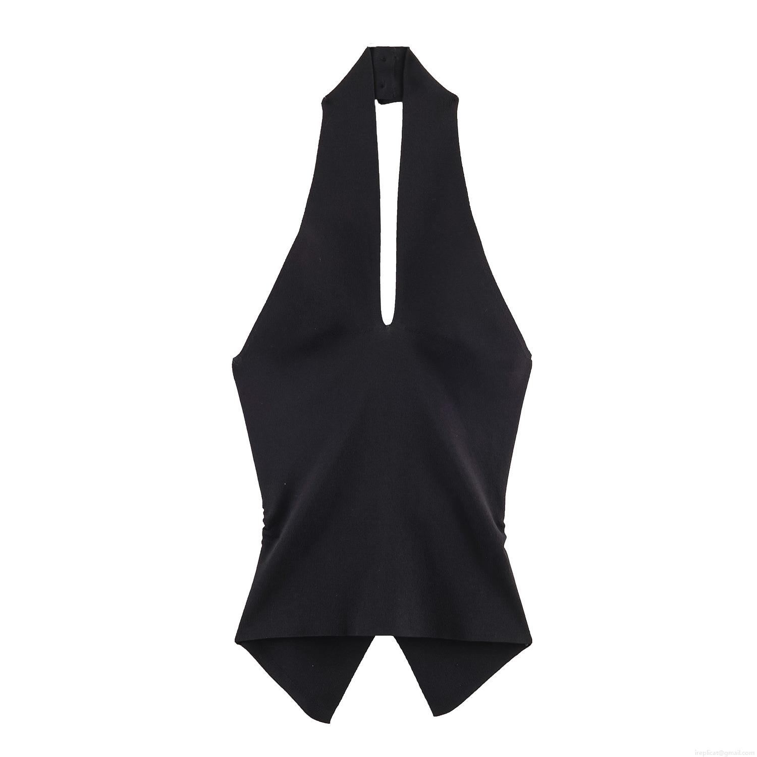 Women Halter Neck Knit T-Shirt Sleeveless V-Neck Ruched Single Breasted Irregular Hem Sexy Summer Streetwear Fashion Ribbed Slim Fit Camisole Top