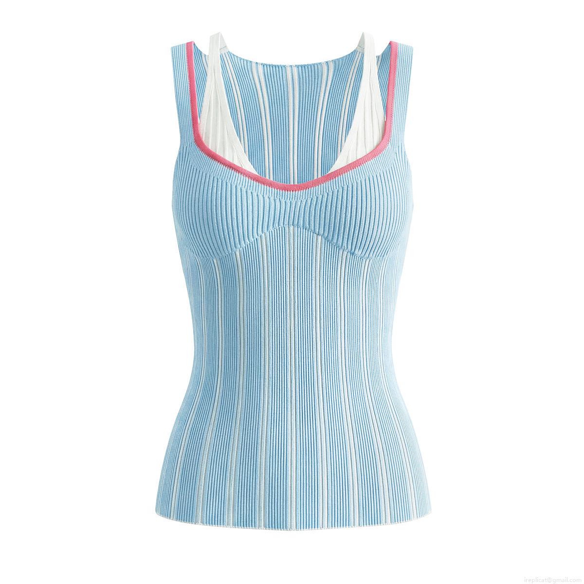 Women's Fashion Faux Two-Piece Knit Vest Striped Ribbed Sleeveless T-Shirt Pink Contrast Edging Round Neck Polyester Casual Tank Top For Ladies