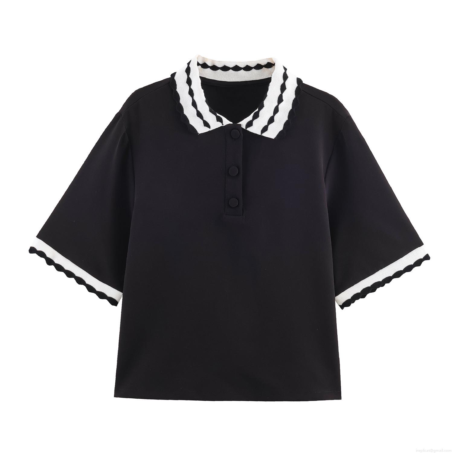 Women Summer Casual Short Sleeve Polo Shirt Scalloped Trim Contrast Color Knit Top Fashion Daily Shirt