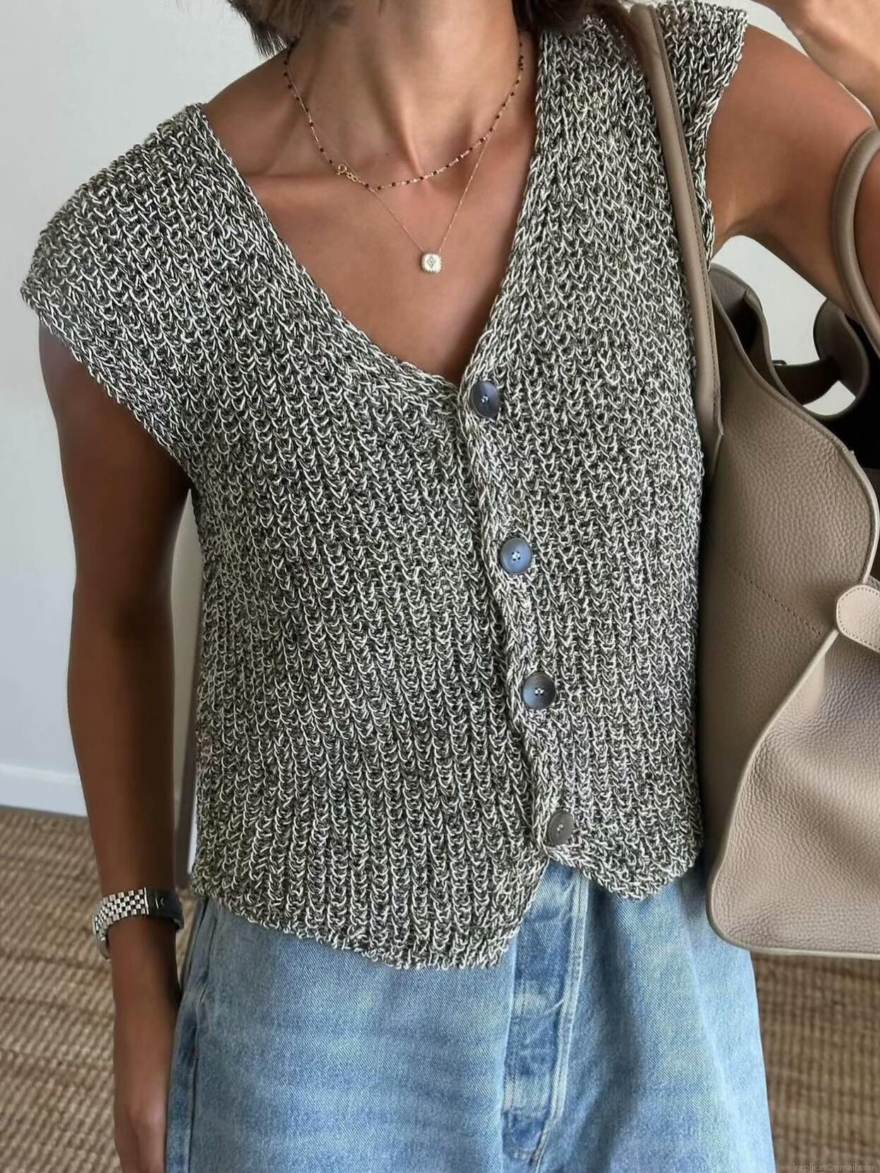 Women's Melange Grey Knitted Vest V-Neck Sleeveless Button Down Chunky Knit Waistcoat Casual Autumn Cardigan Sweater Tops