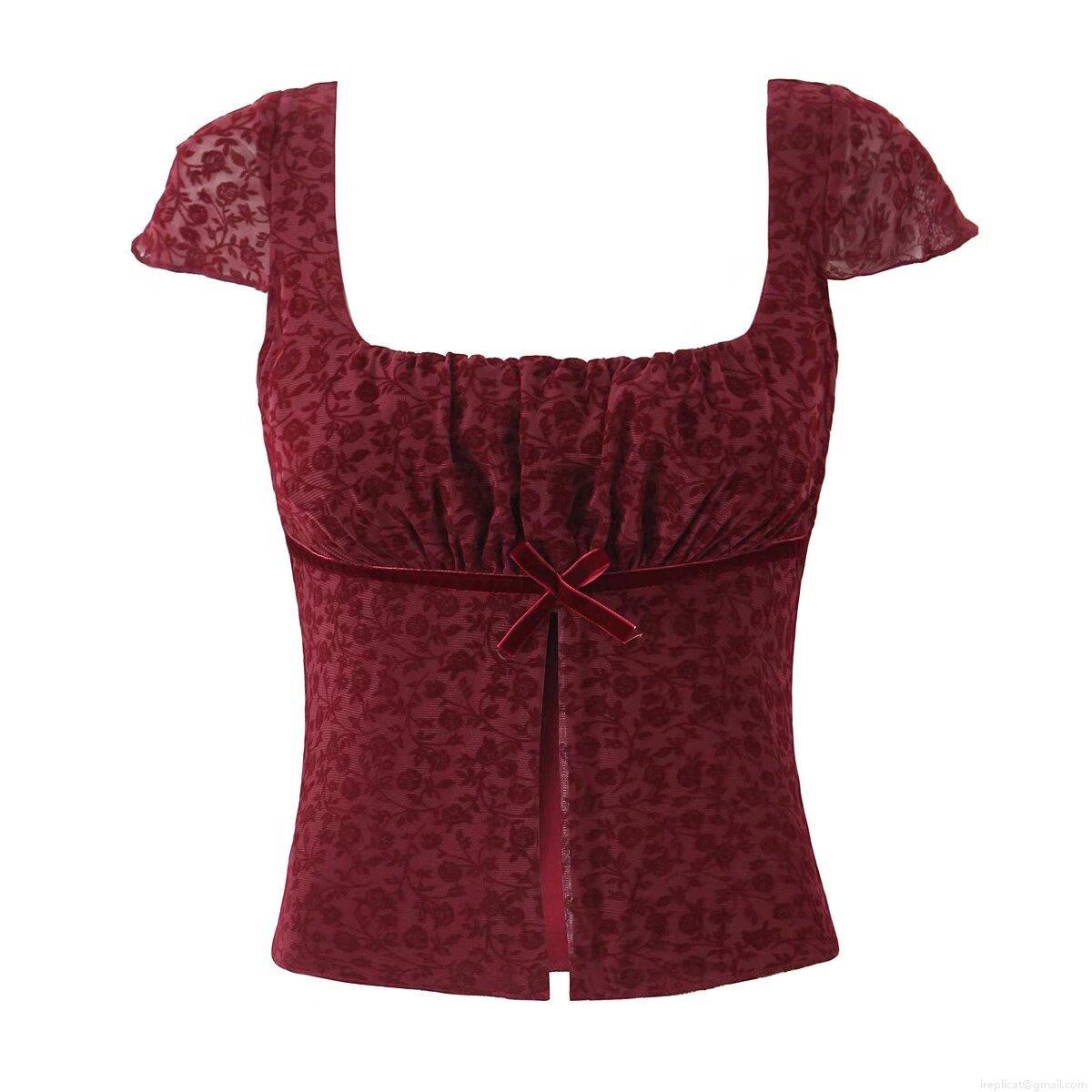 Women's Vintage Wine Red Floral Lace Short Sleeve Top Square Neck Slim Fit Bow Design Burn-out Fabric Sexy Streetwear Blouse For Women