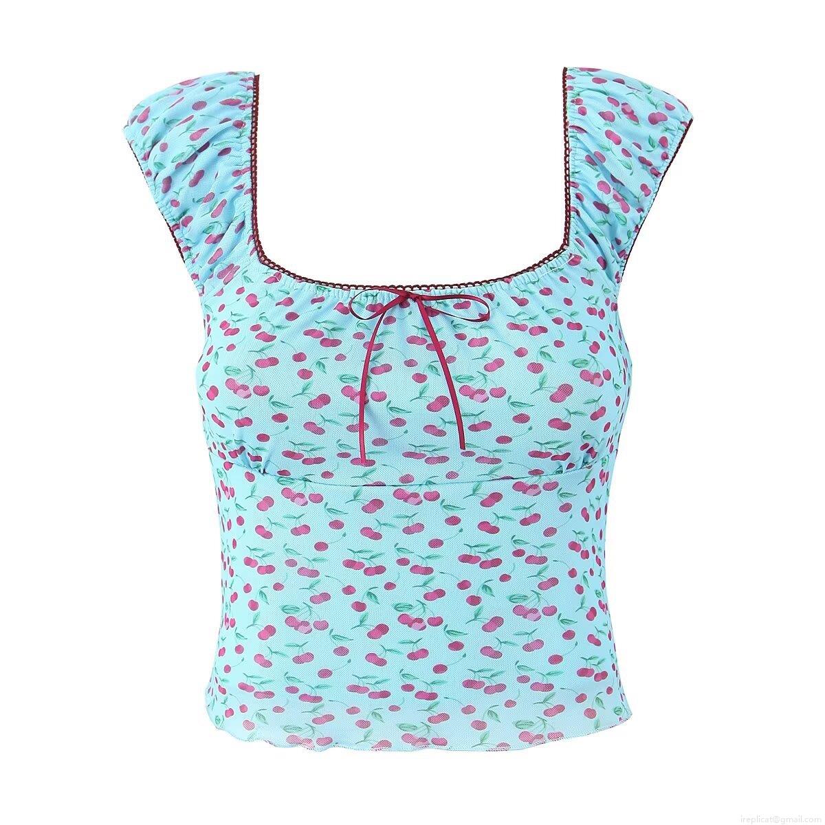 Women's Square Neck Cherry Print T-Shirt Mesh Puff Sleeve Crop Top Summer Streetwear Slim Fit Polyester Spandex Bow Tee