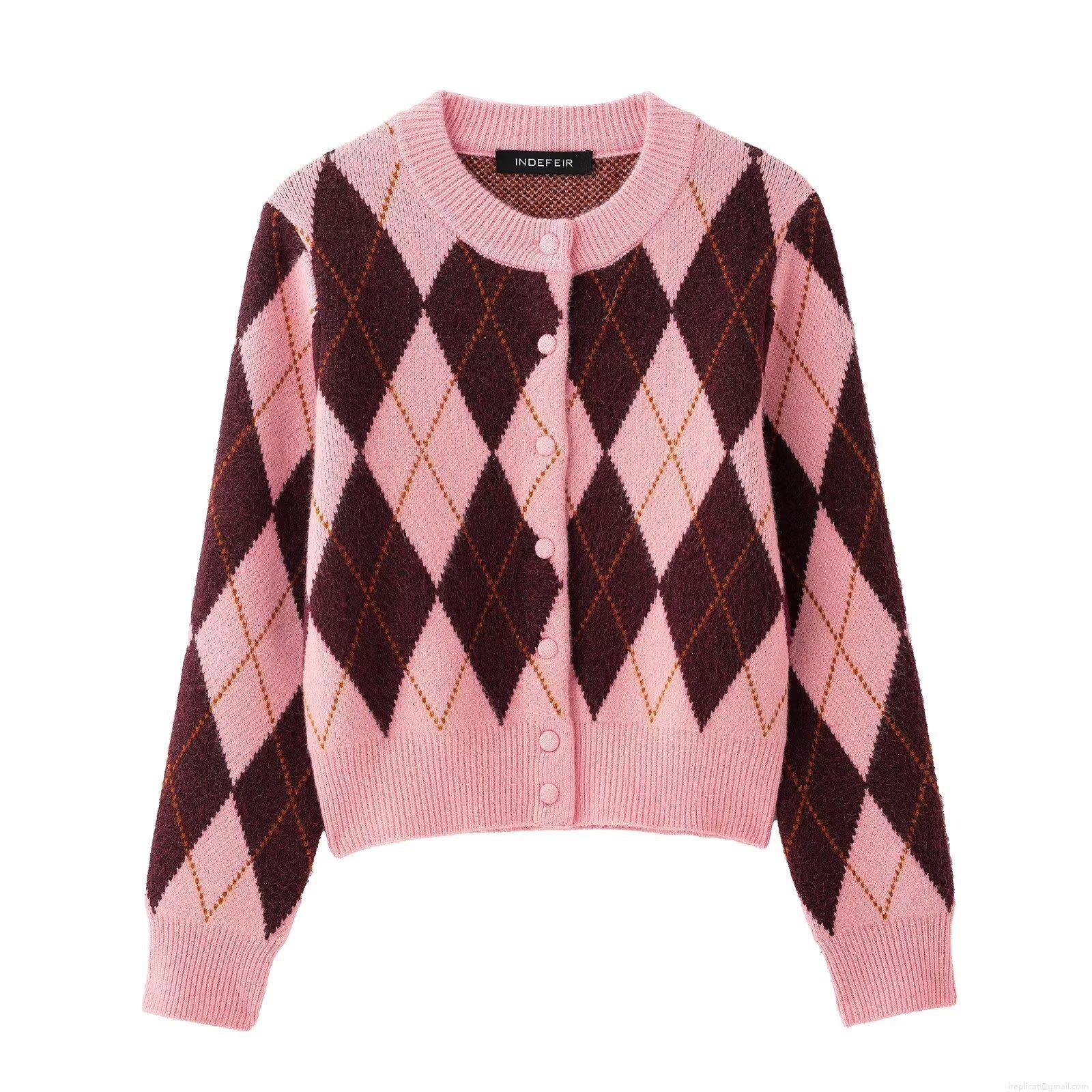 Women's Argyle Plaid Knit Cardigan Sweater Round Neck Long Sleeve Single Breasted Knitted Jacket Outerwear Pink Streetwear Vintage Fashion Top