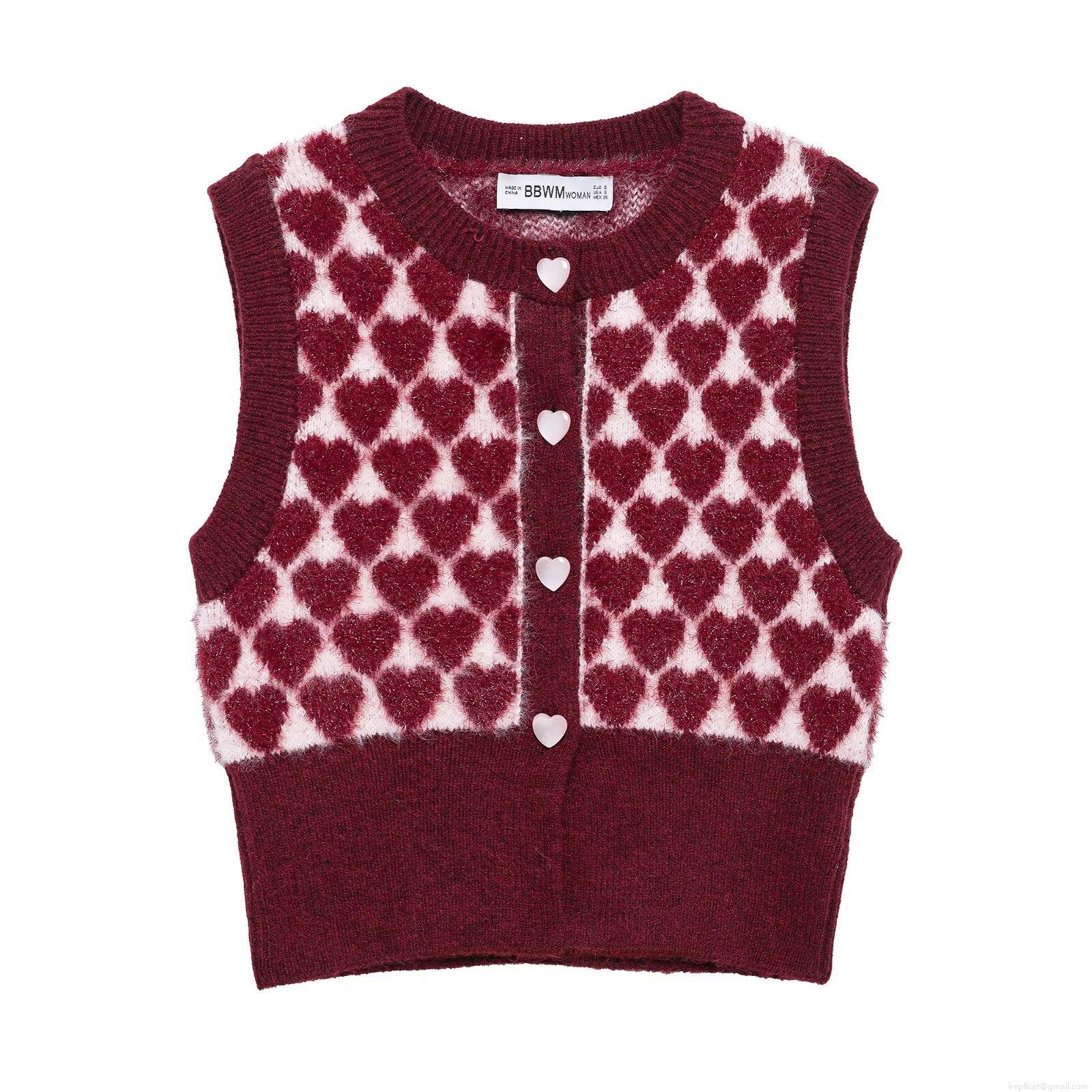 Women's Sweet Heart Jacquard Knitted Vest Short Crew Neck Button Down Gilet Heart Pattern Soft Sleeveless Sweater Cardigan For Spring Streetwear