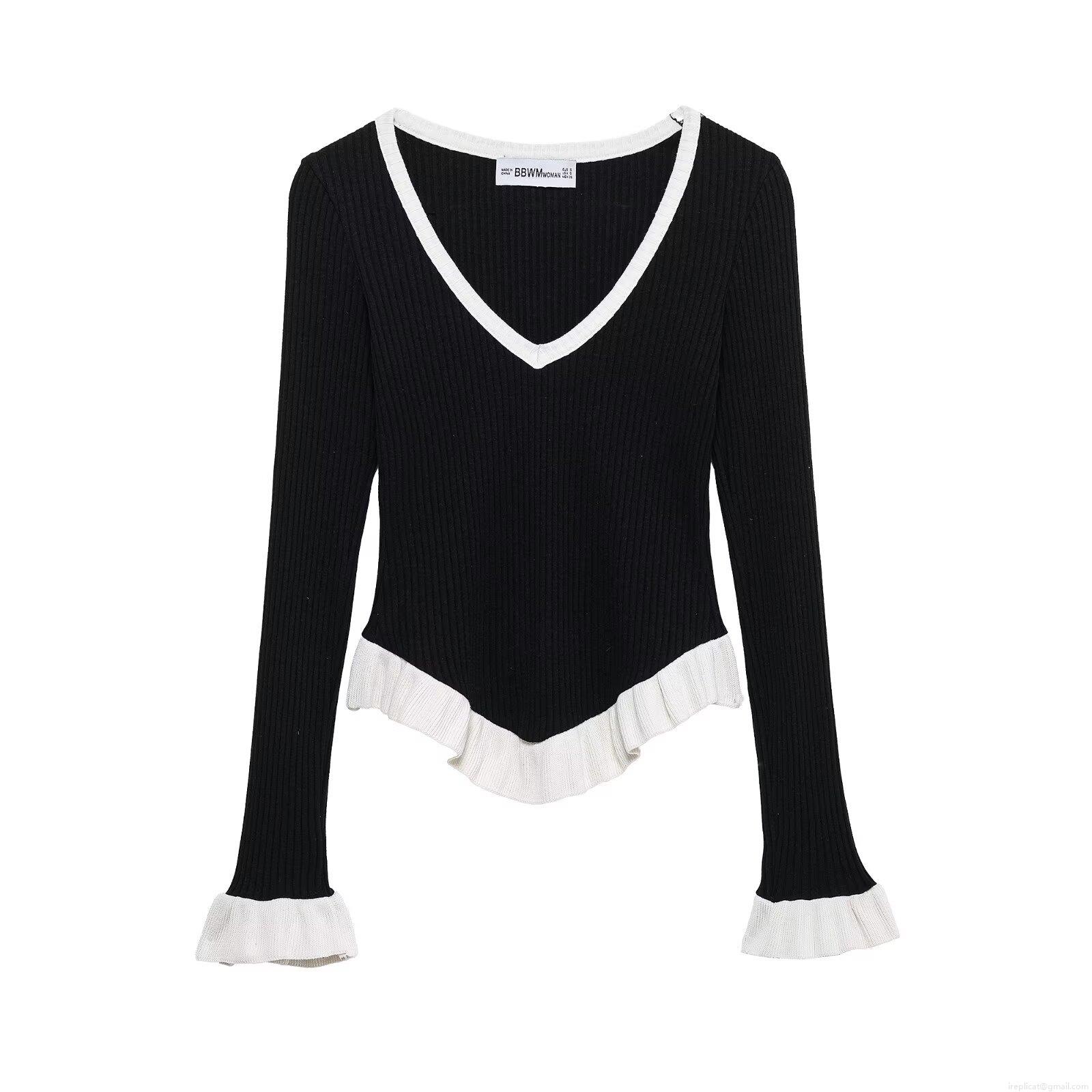 Women's V-Neck Slim Fit Knitted Sweater Polyester Ribbed Contrast Color Lettuce Trim Long Sleeve Pullover Short Top Streetwear