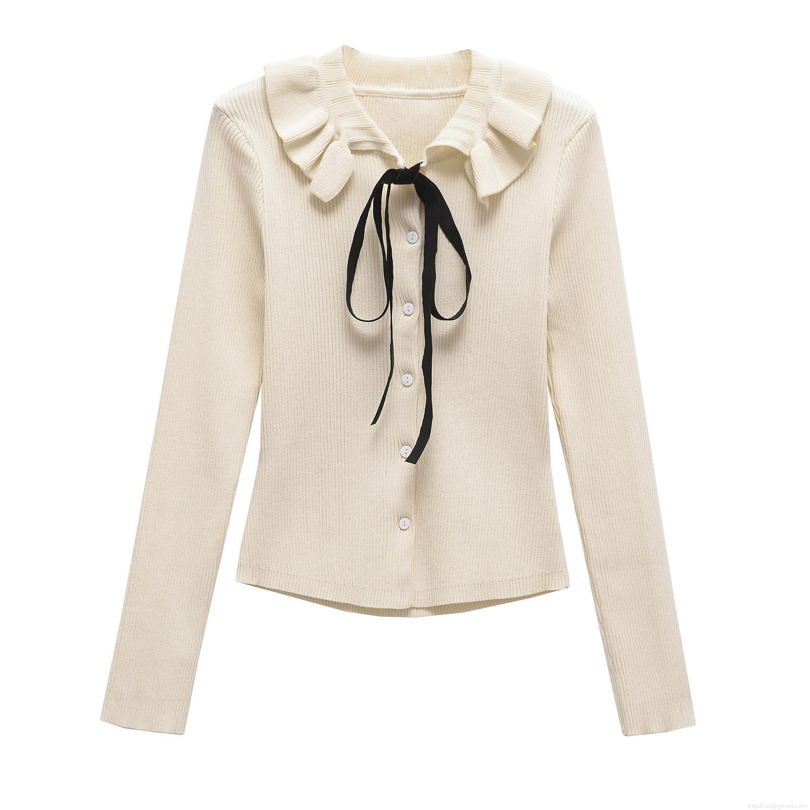 French Style Ruffle Collar Bow Decoration Knit Cardigan Long Sleeve Ribbed Button Front Sweater Top For Women Casual Chic Streetwear