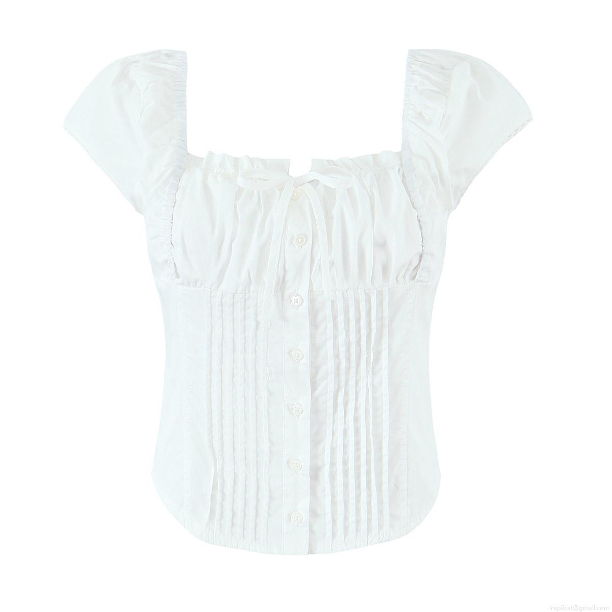 Women's French Style Square Neck Pleated T-Shirt Slim Fit Cotton Short Sleeve Button Down Top For Summer Streetwear Fashion