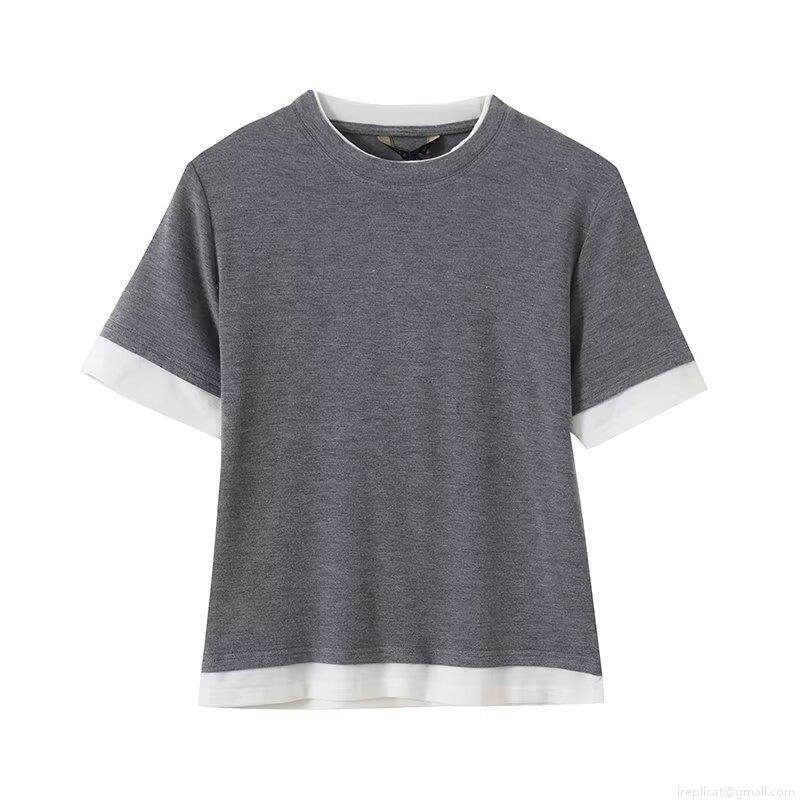 Women's Mock Two-Piece Knit T-Shirt Cotton Spandex Blend Short Sleeve Round Neck Casual Patchwork Tee Top For Summer Daily Streetwear