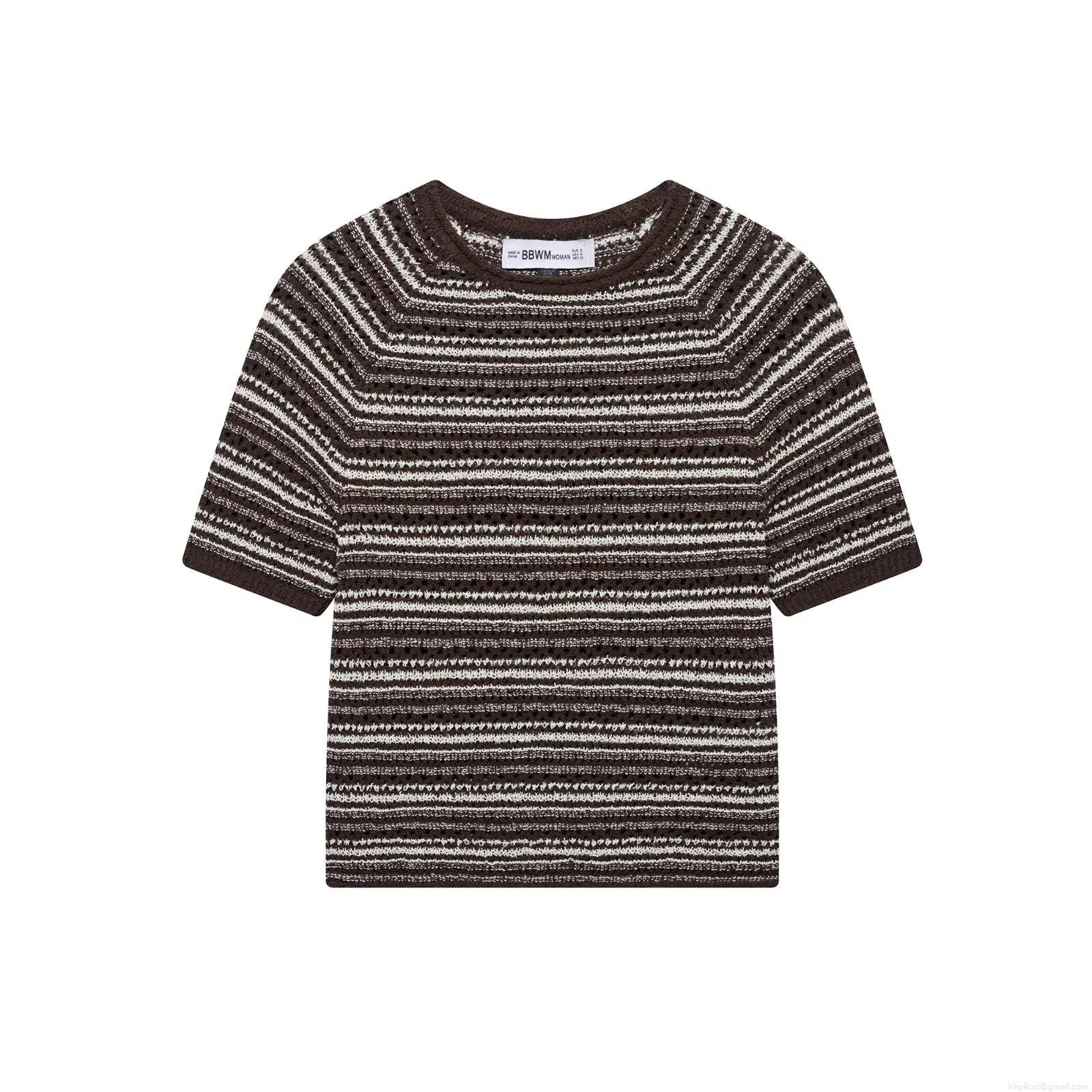 Women Striped Knit T-Shirt Polyester Open Knit Short Sleeve Round Neck Breathable Casual Streetwear Daily Vacation Retro Chic Slim Fit Crop Top