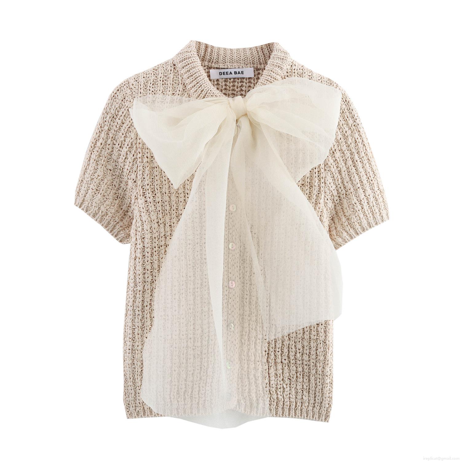 Women's Knitted Polyester Short Sleeve T-Shirt With Large White Organza Bow Decoration Round Neck Off-White Elegant Pullover Top For Summer Party Streetwear