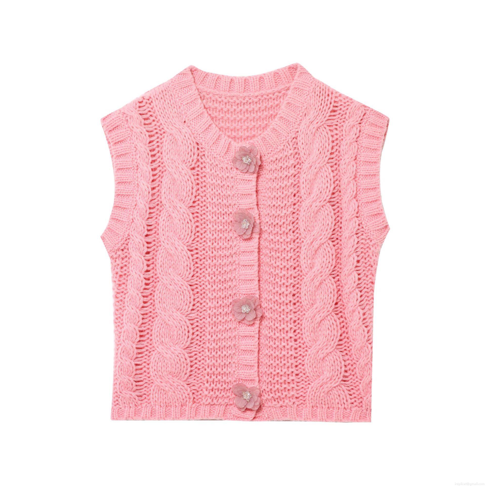 Women's Fashion Cable Knit Vest Cardigan Solid Color Round Neck Sleeveless Top With Flower Buttons Casual Spring Autumn Knitted Sweater Vest For Ladies