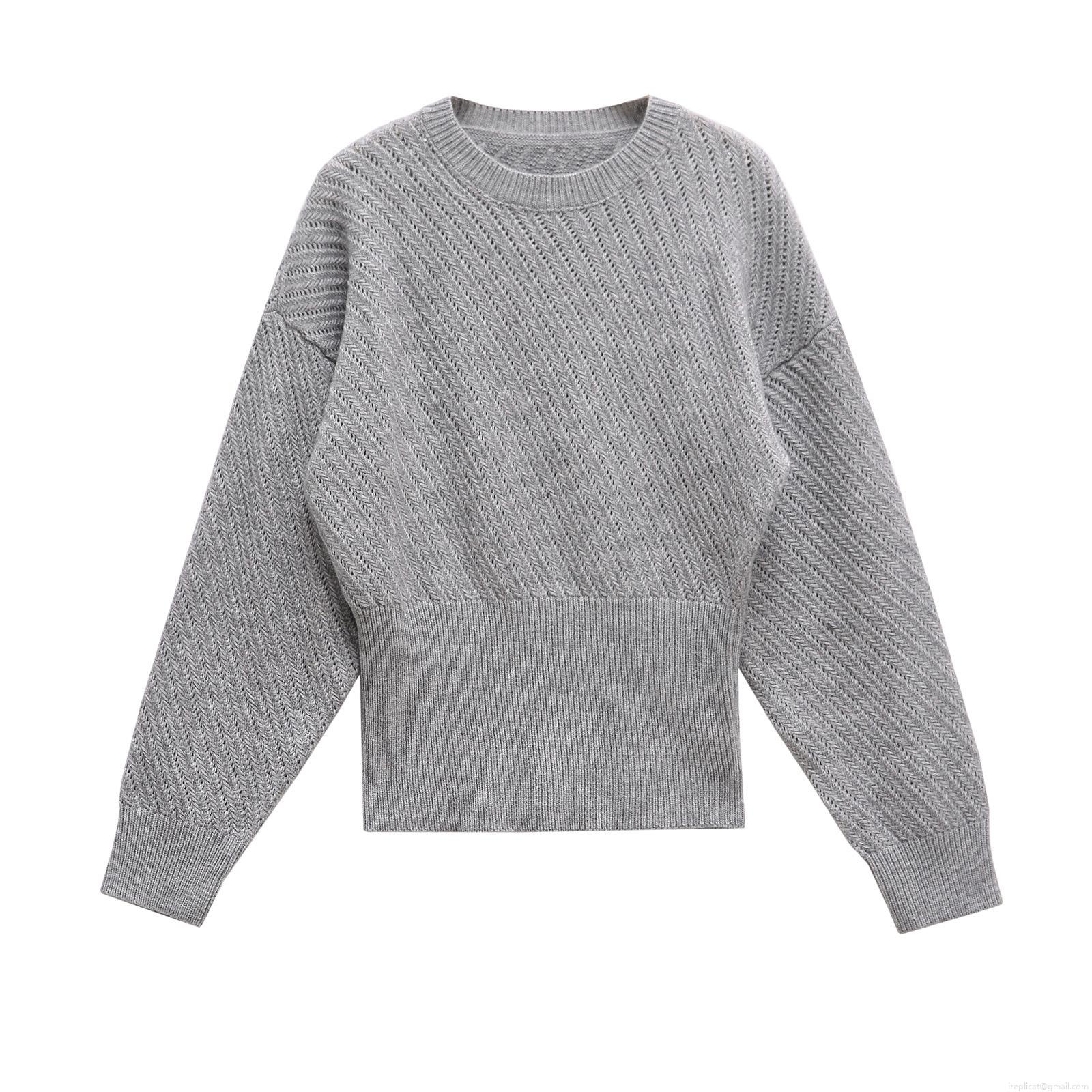 Women's Crew Neck Long Sleeve Knit Sweater 100% Polyester Hollow Diagonal Texture Pullover Top Casual Street Style Loose Fit Ribbed Jumper for Women Autumn Winter Gray