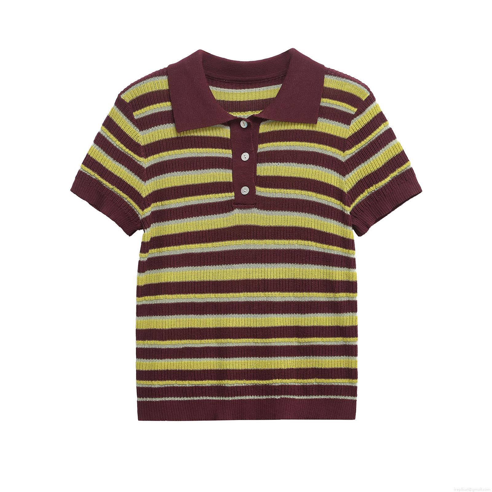 Women's Striped Knit Polo Shirt Short Sleeve Color Block Ribbed T-Shirt American Retro Style Button Down Neck Summer Casual Knitwear Top