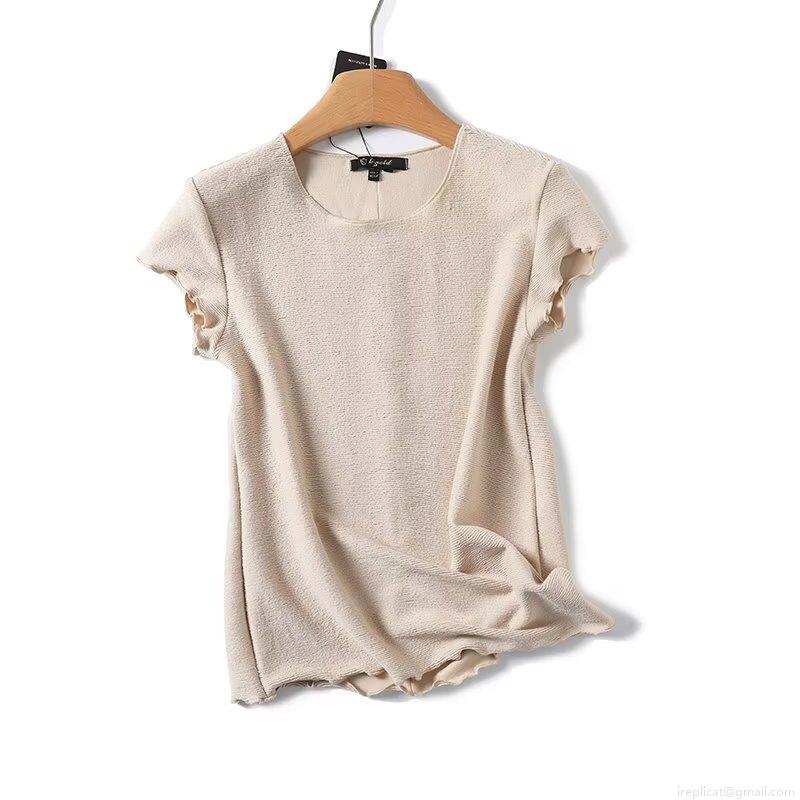 Women's Ribbed Knit T-Shirt Short Sleeve Lettuce Hem Crew Neck Slim Fit Cotton Blend Tee Summer Casual Streetwear Top
