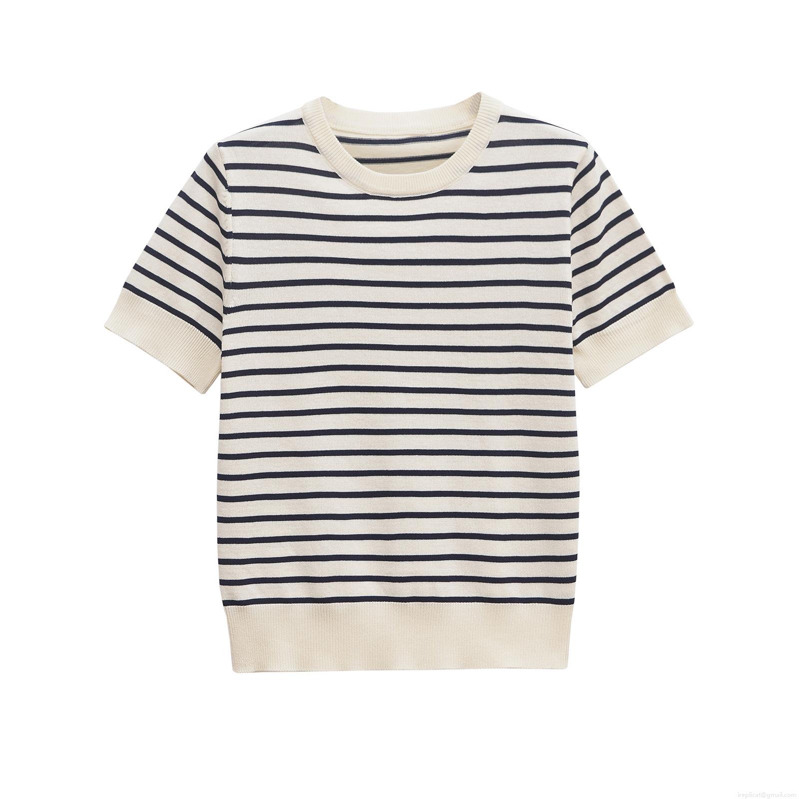 Women's Casual Striped Short Sleeve Knit T-Shirt Crew Neck Mercerized Cotton Blend Top For Summer Streetwear Fashion Daily Wear