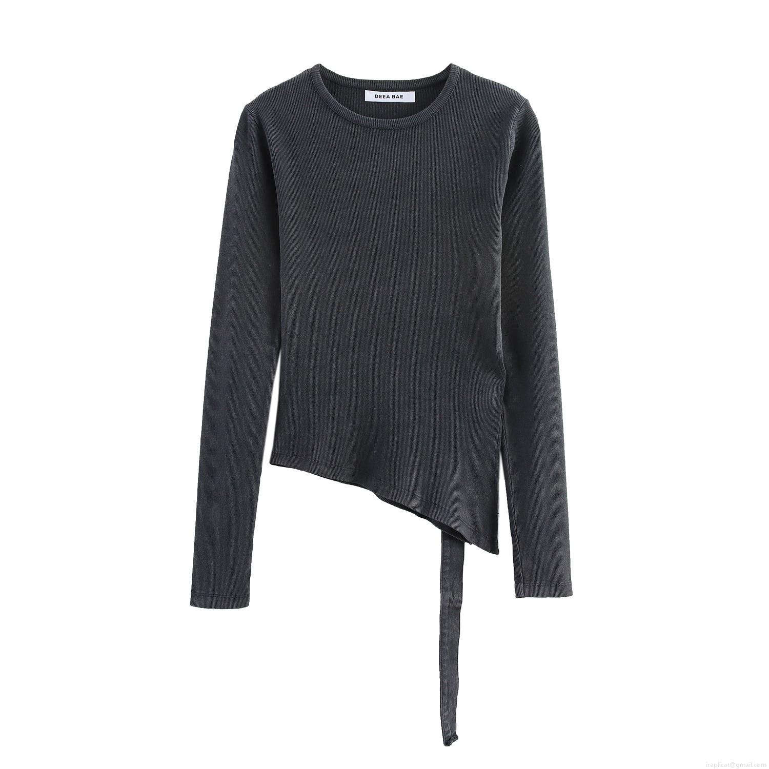 Women's Round Neck Long Sleeve Rib Knit T-Shirt With Belt Asymmetrical Hem Design Solid Charcoal Grey Streetwear Polyester Top For Spring Summer