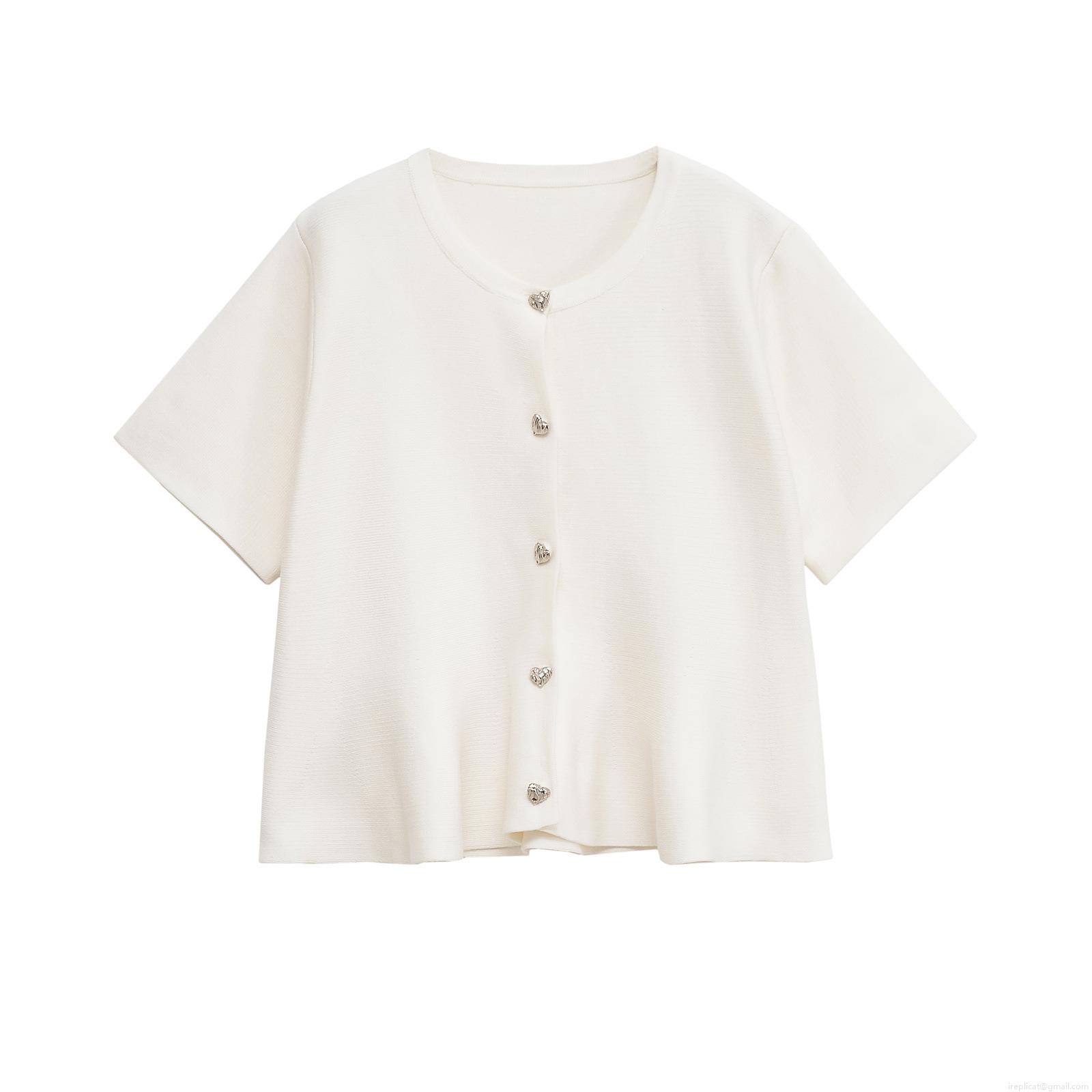 Women's Casual Round Neck Knit T-Shirt Top Short Sleeve Peplum Hem Cardigan With Heart Metal Buttons Solid Color Polyester Knitwear For Women Daily Streetwear