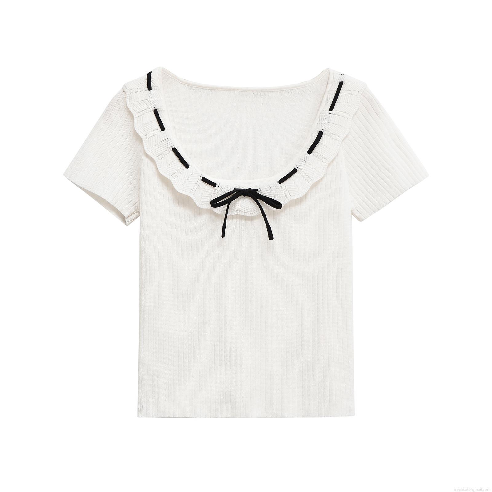 Women's Ribbed Knit T-Shirt Contrast Ruffle Collar With Bow Tie Mercerized Cotton Polyester Short Sleeve Top Slim Fit Street Style Casual Summer Tee