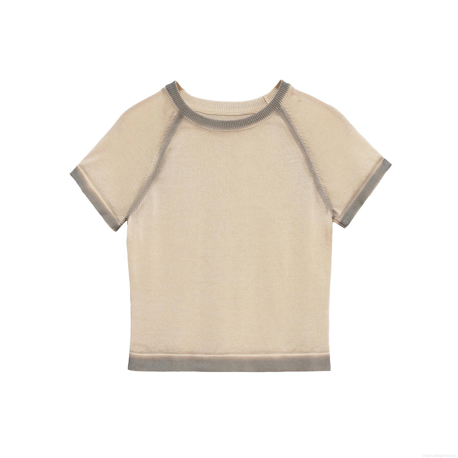 Women's Casual Polyester Knit T-Shirt Short Sleeve Round Neck Contrast Trim Gradient Streetwear Top Summer Fashion Tee for Lady