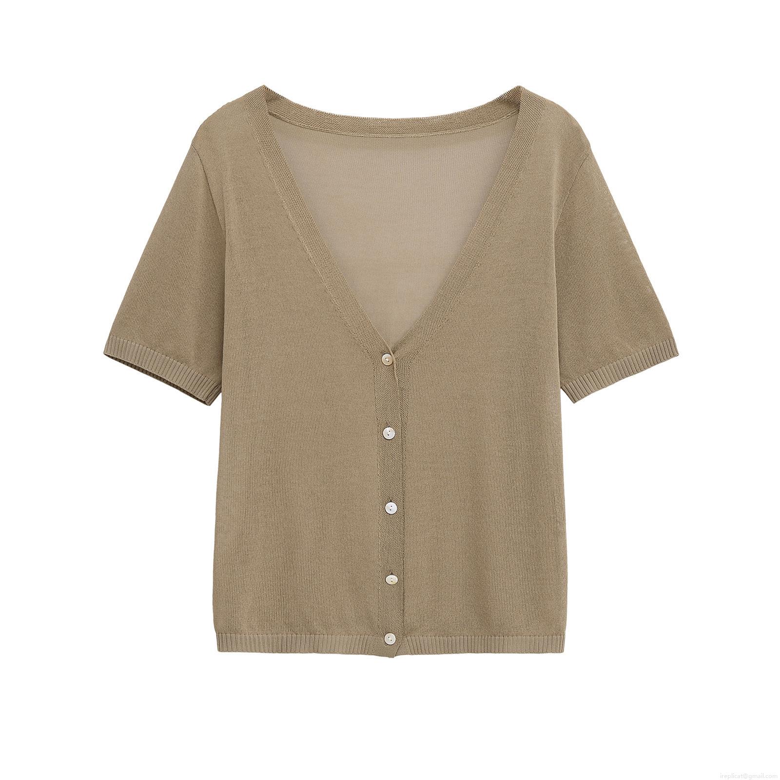 Women Summer Short Sleeve Knitted T-Shirt V-Neck Single-Breasted Cardigan Top Mercerized Cotton Polyester Blend Streetwear Khaki Blouse For Women Casual Daily Wear