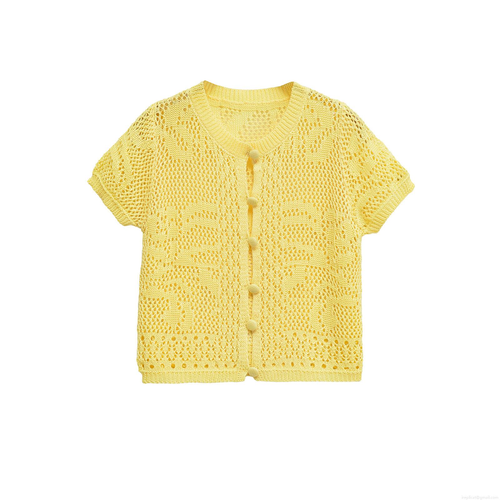 Women's Hollow Out Knit T-Shirt Short Sleeve Single Breasted Cardigan Top Casual Western Style Crochet Mesh Summer Streetwear Blouse For Women