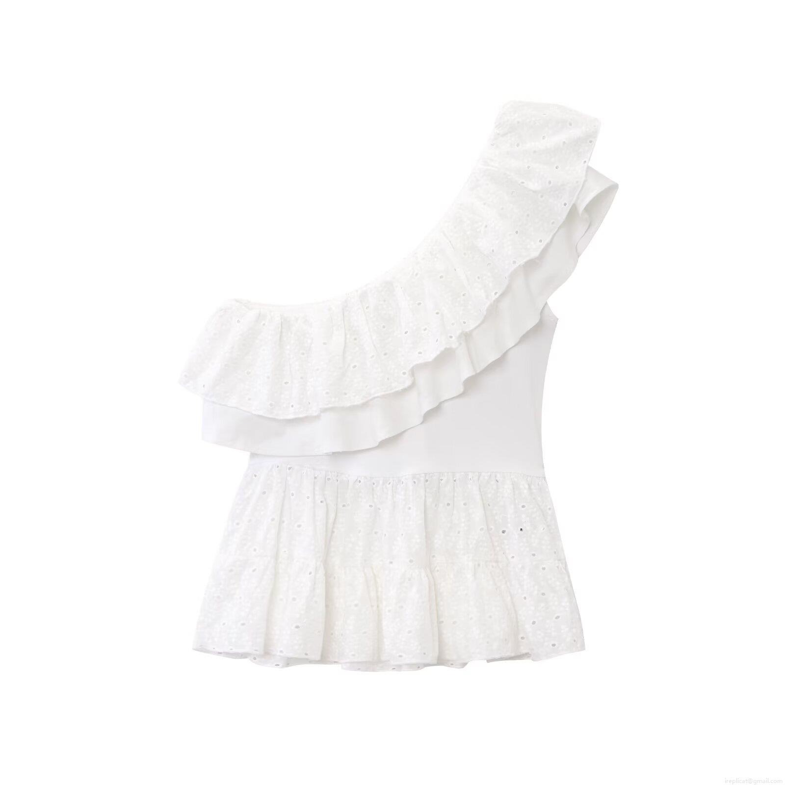 Women's One Shoulder Embroidery Eyelet T-Shirt Top Sexy Ruffle Asymmetric Sleeveless Lace Polyester Shirt Summer Beach Party Streetwear Blouse