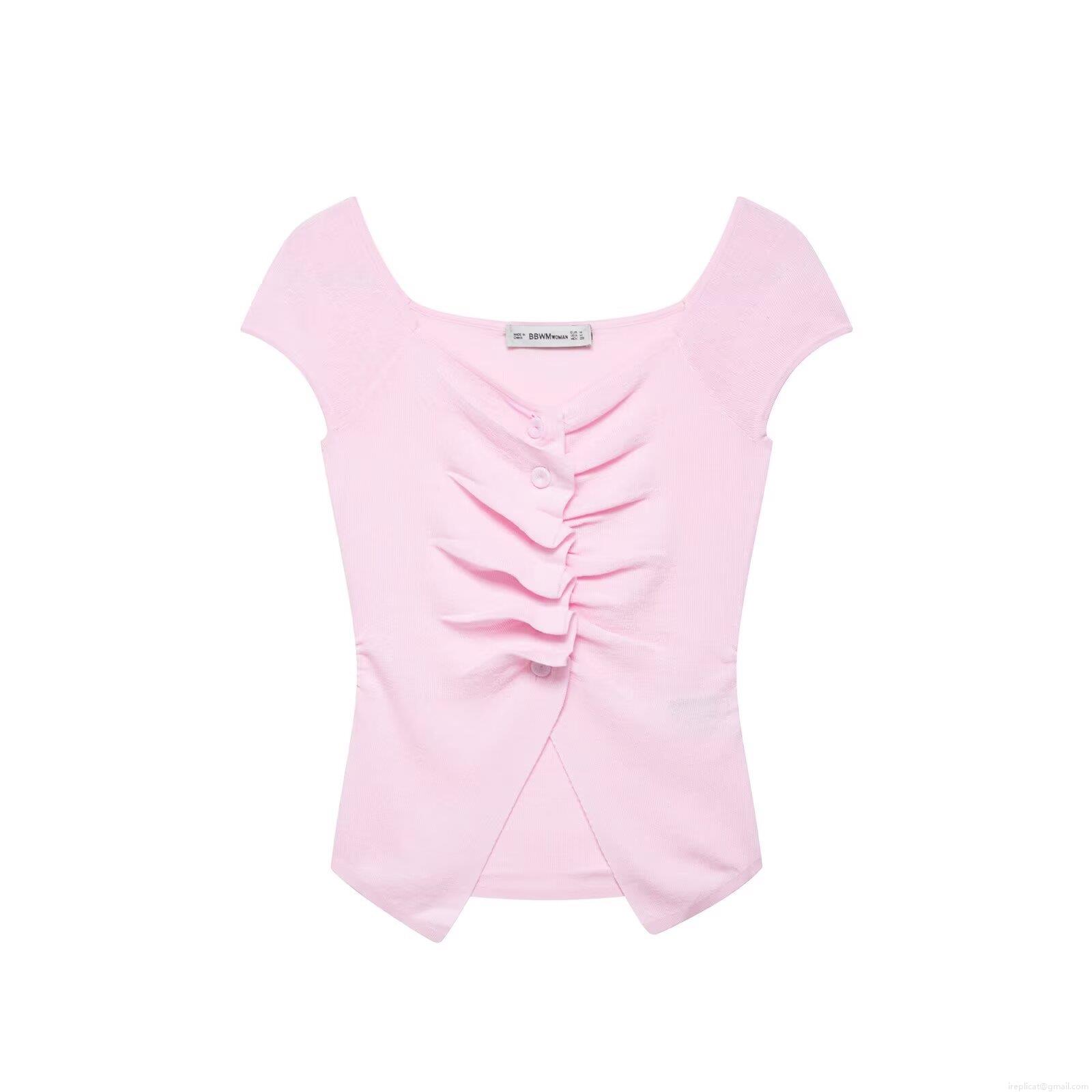 Women's Ruched Knit T-Shirt Short Sleeve Button Front Top Slim Fit Solid Color Ribbed Polyester Streetwear Casual Summer Clothing For Women