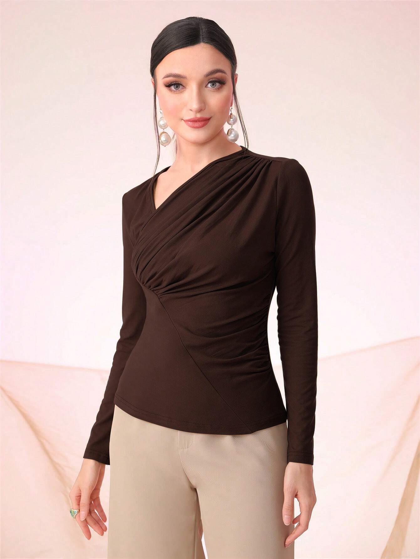 Women's Asymmetric Ruched Long Sleeve T-Shirt Elegant Oblique Neck Slim Fit Solid Color Base Layer Top Coffee Brown Viscose Elastane Pullover For Office Ladies