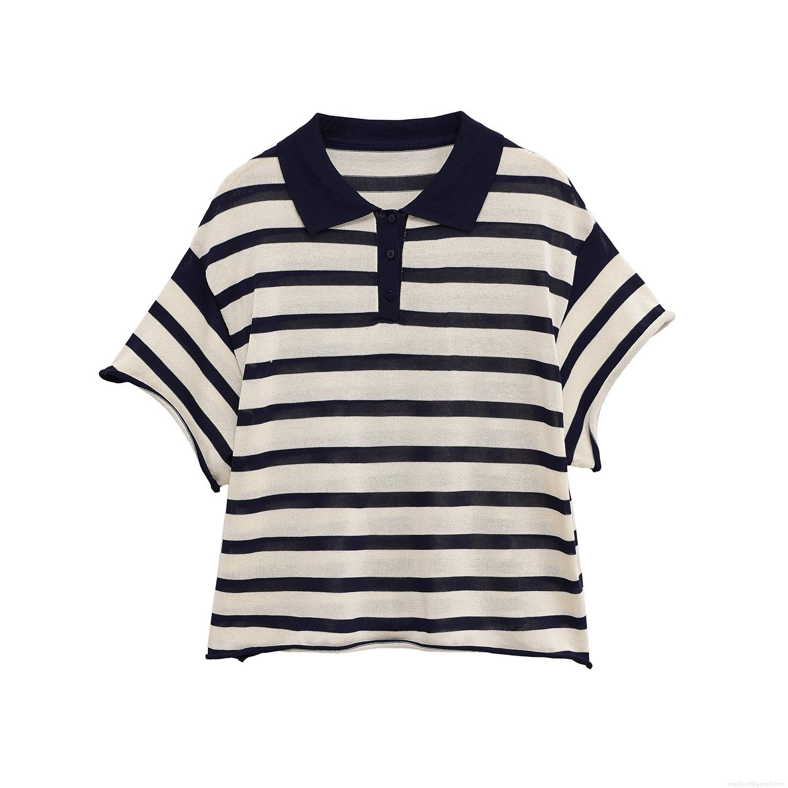 Women's Striped Knitted Polo T-Shirt Short Sleeve Lapel Button Down Loose Fit Summer Casual Streetwear Acetate Fiber Knit Top