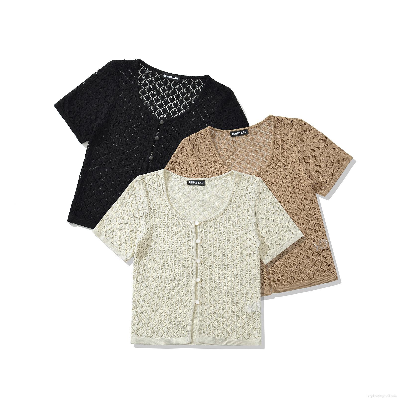 Women's Hollow Out Knitted Cardigan Top Short Sleeve Round Neck Single Breasted Crochet T-Shirt Sexy Slim Fit Summer Knitwear For Women