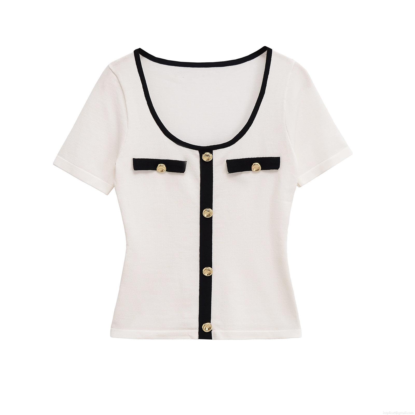 Women's Mercerized Cotton Knit T-Shirt Contrast Trim Gold Button Round Neck Short Sleeve Top Elegant Summer Casual Chic Streetwear Tee For Lady